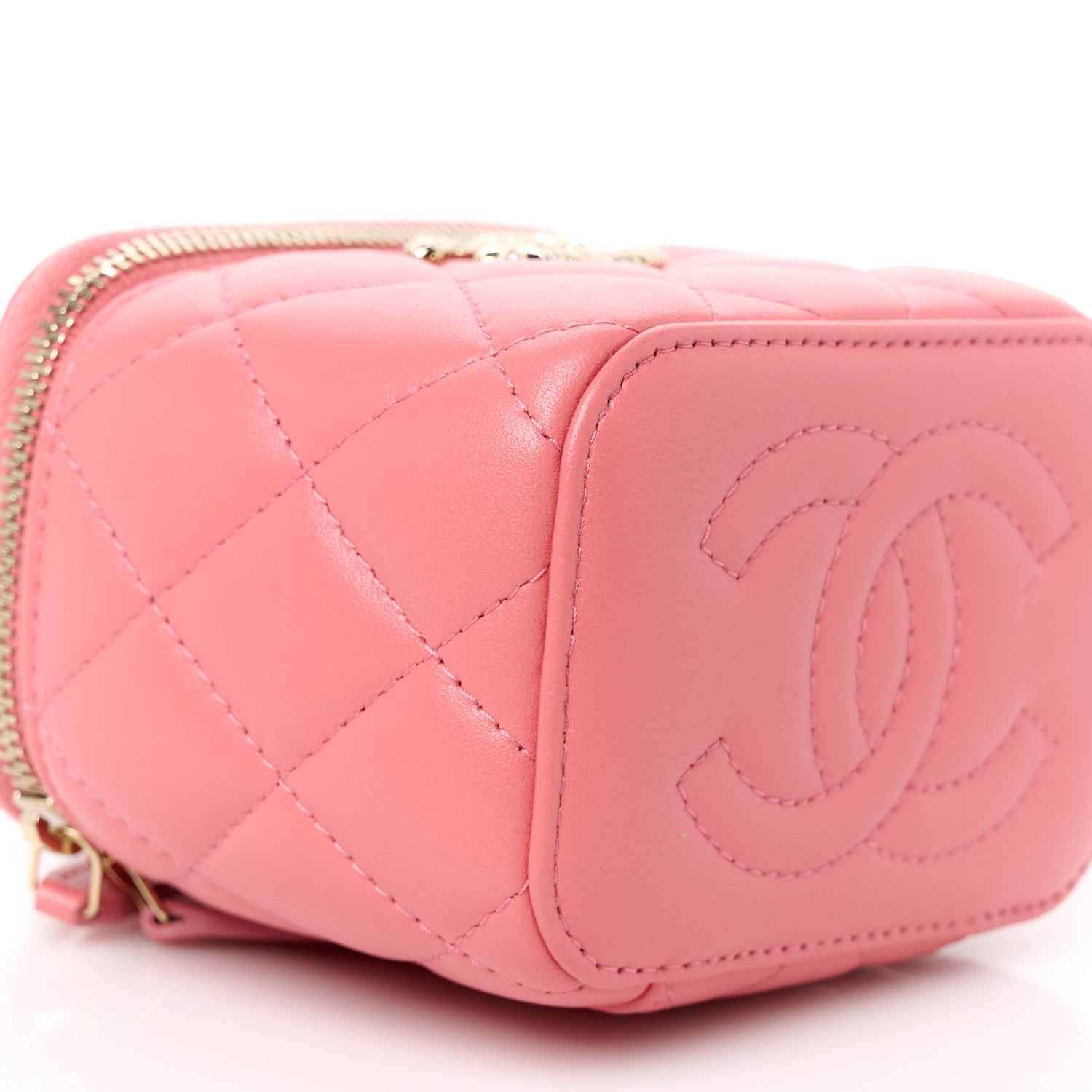 Lambskin Quilted Crystal Top Handle Mini Vanity Case With Chain Coral