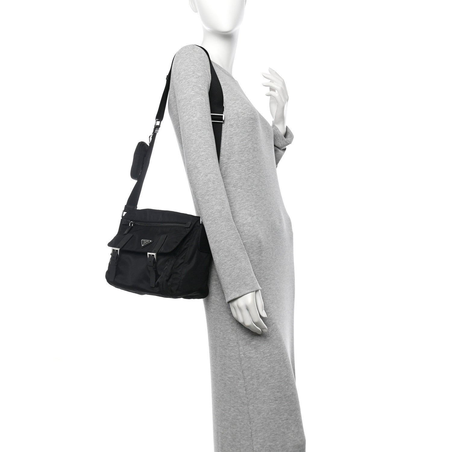 Re-Nylon Vela Saffiano Pocket Double Buckle Messenger Shoulder Bag Black