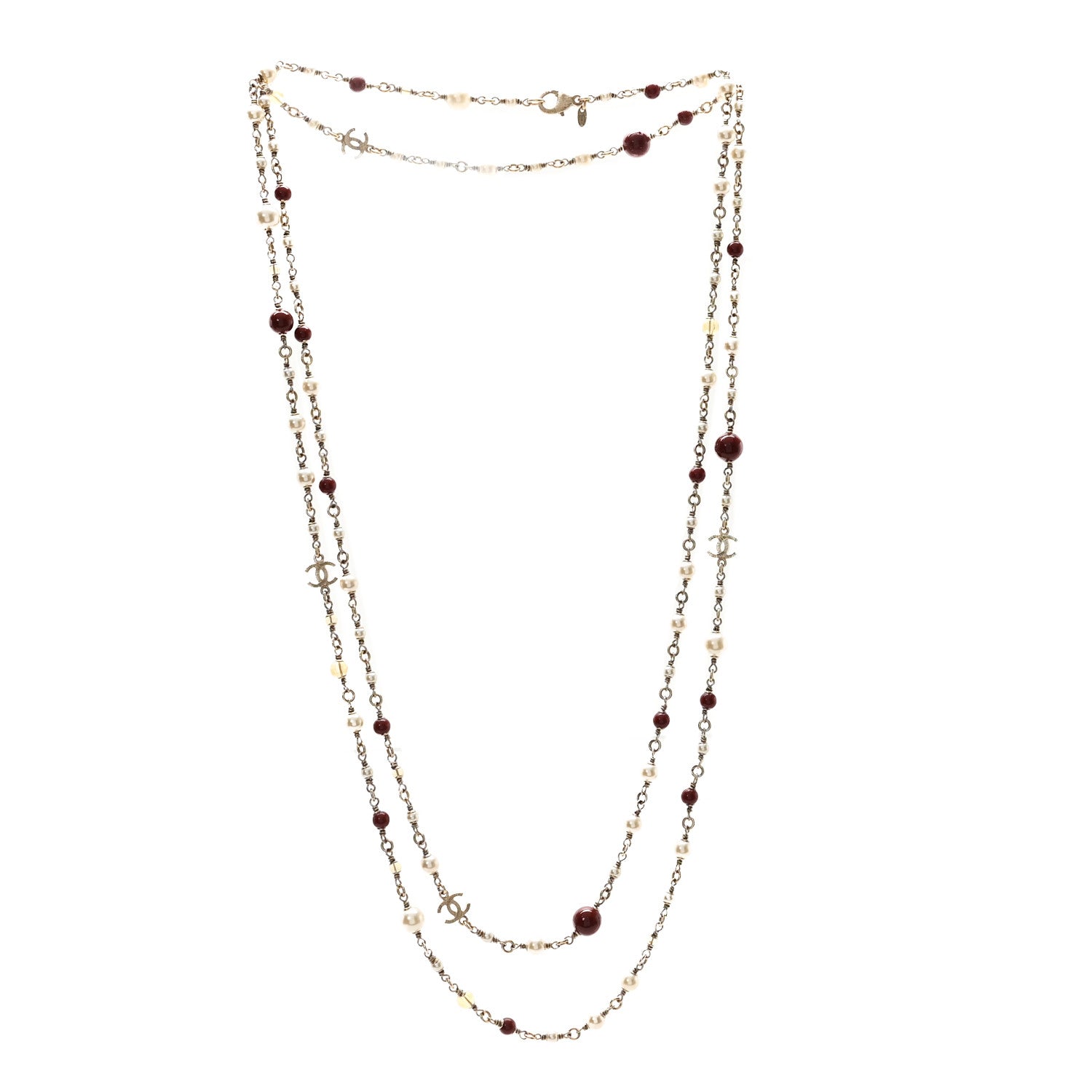 Pearl Bead Multi Strand CC Long Necklace Gold White Burgundy Yellow