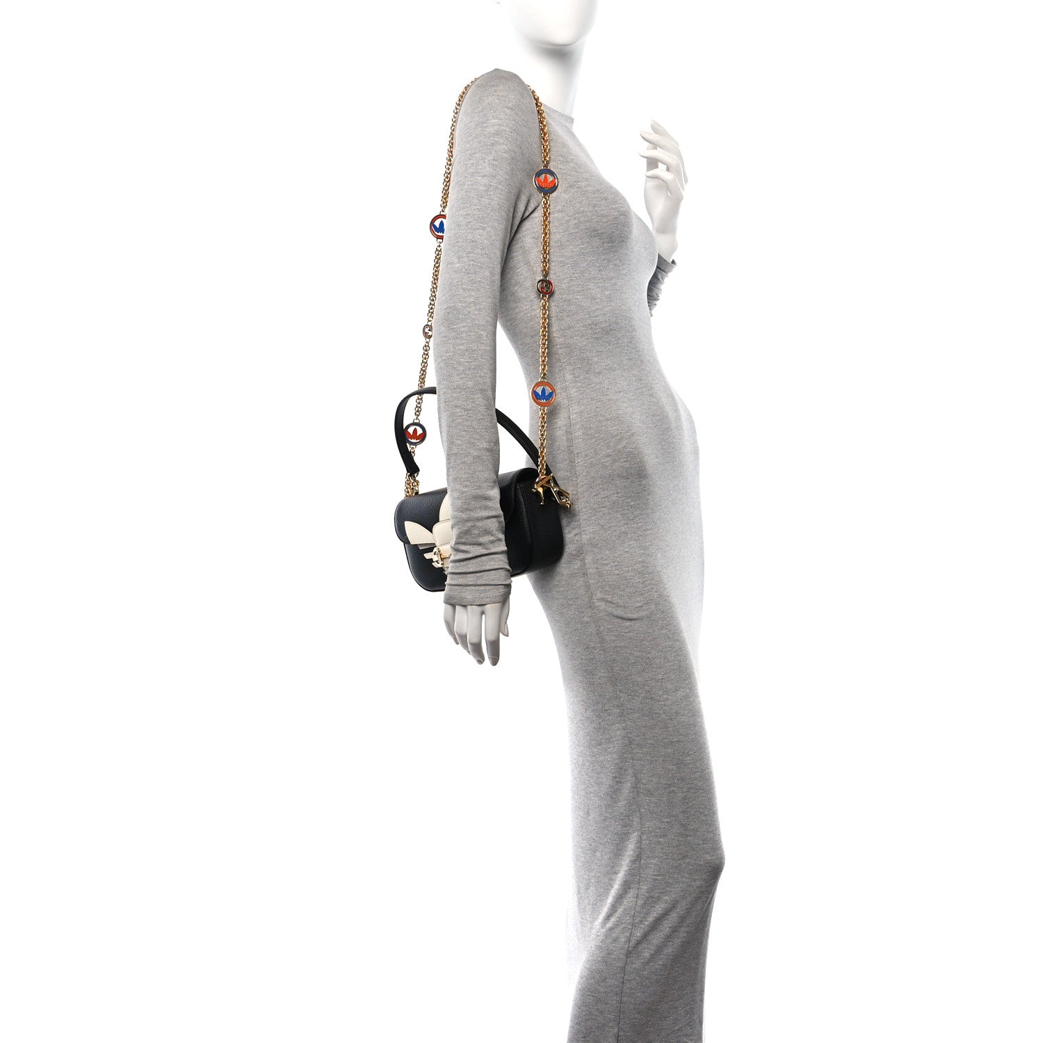 X ADIDAS Textured Dollar Calfskin Web Small Trefoil Horsebit 1955 Shoulder Bag Black Off White