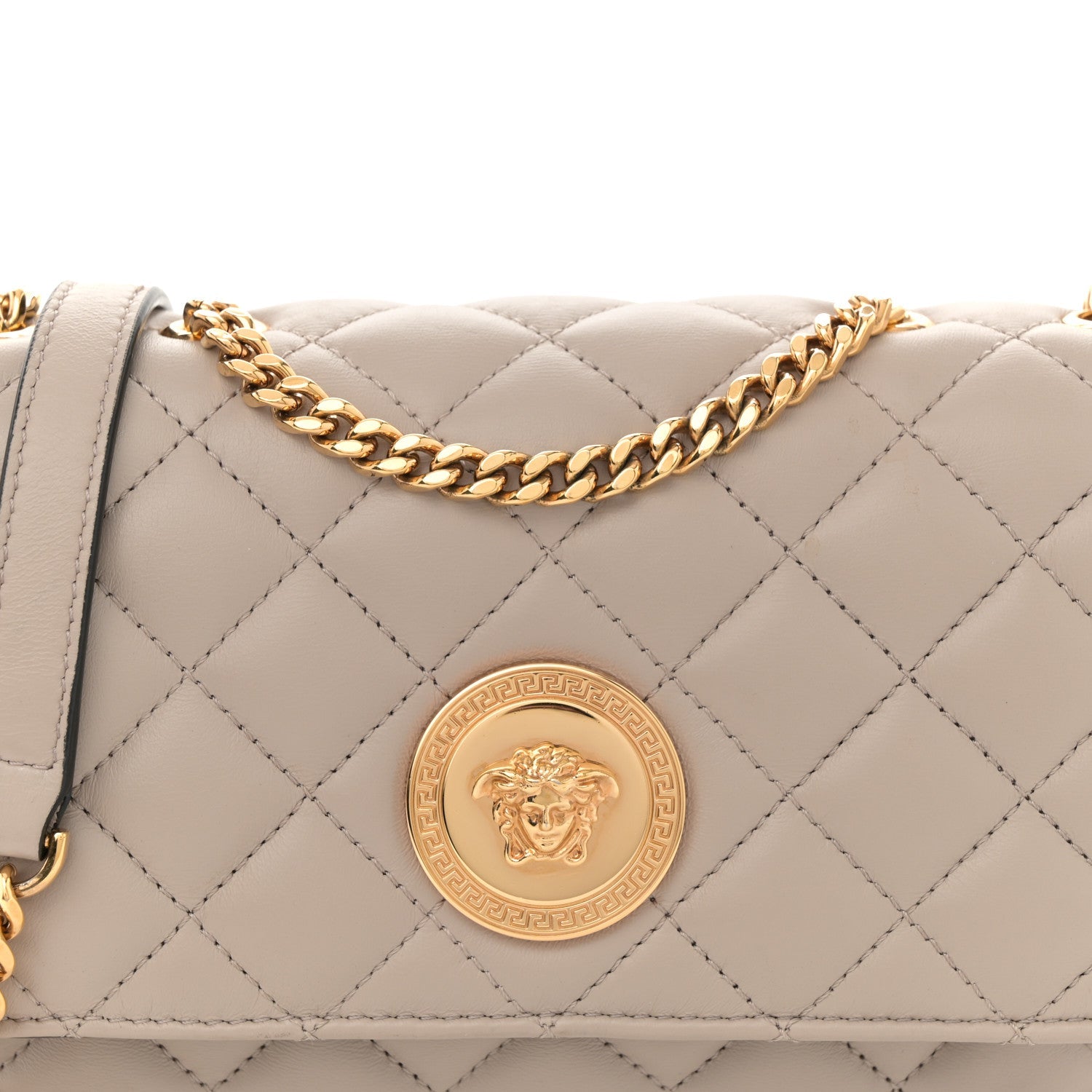 Nappa Quilted Medusa Medium Chain Crossbody Taupe