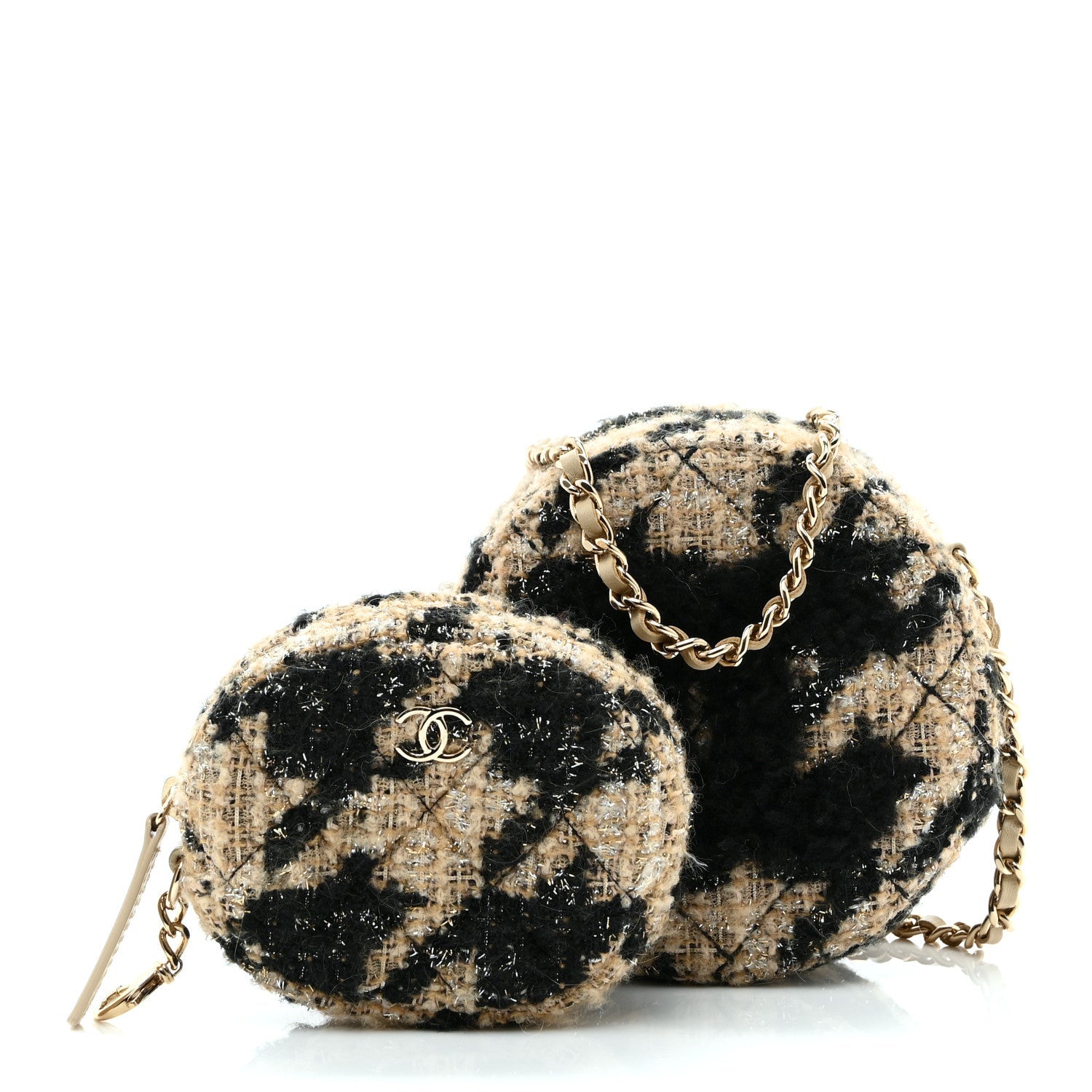 Tweed Shearling Quilted Round Clutch With Chain and Coin Purse Beige Black
