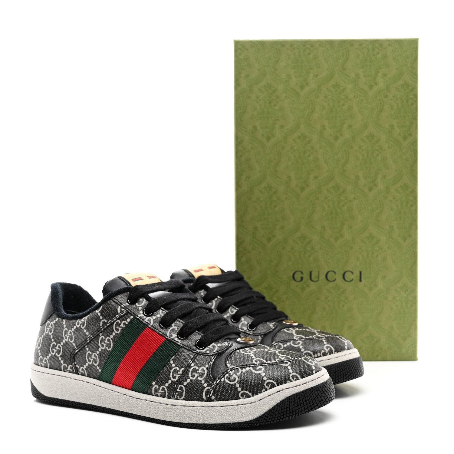 GG Supereme Monogram Miro Soft Calfskin Web Mens Screener Sneakers 8.5 Black Grey Sky