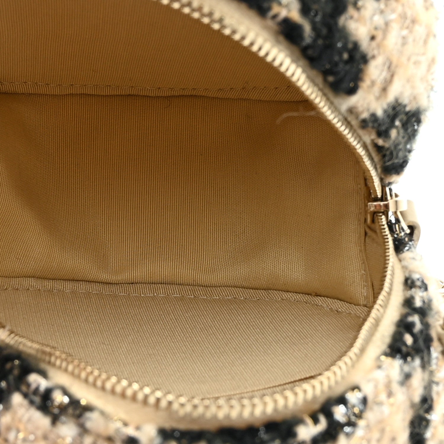 Tweed Shearling Quilted Round Clutch With Chain and Coin Purse Beige Black