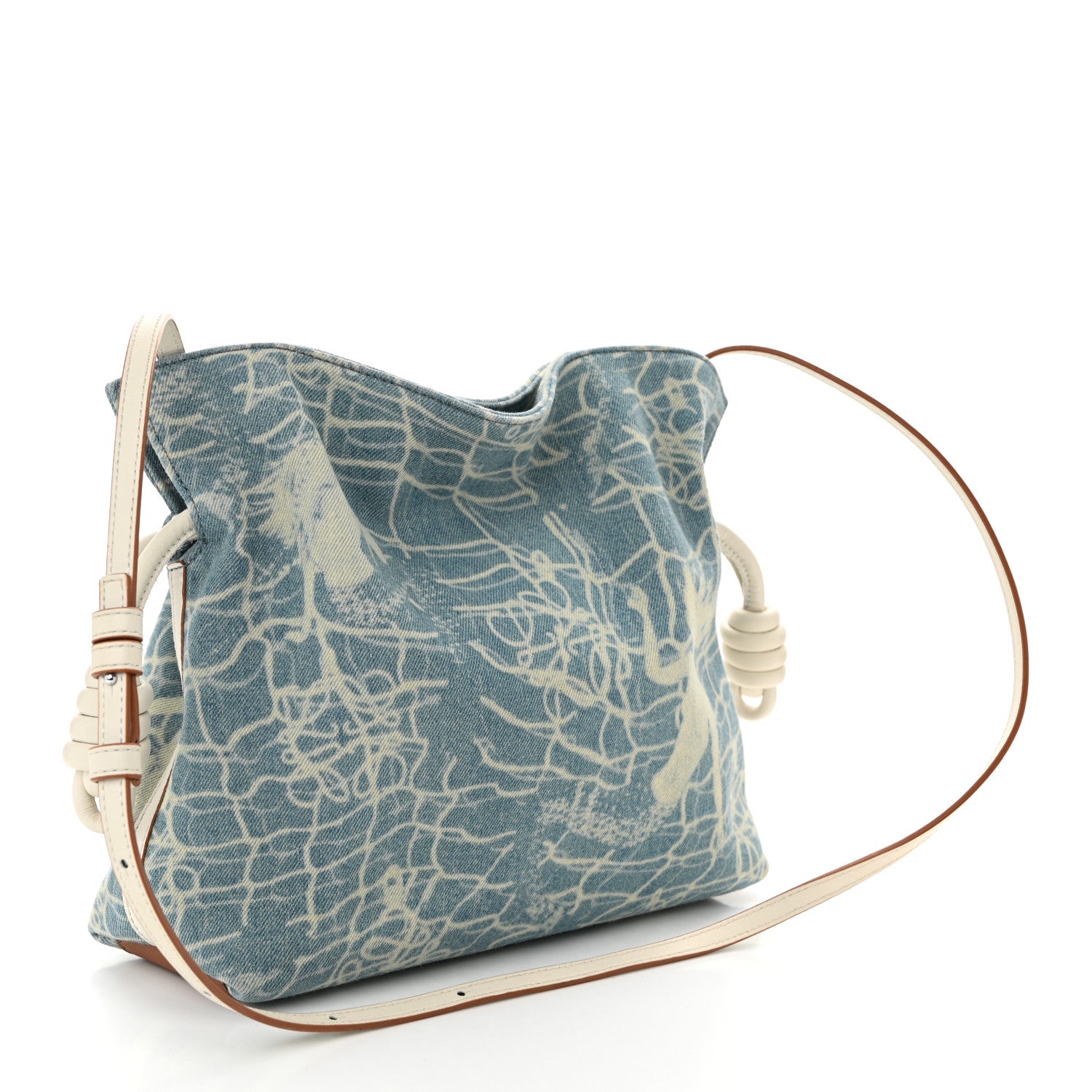 Denim Calfskin Mermaid Print Paula's Ibiza Flamenco Knot Bag Blue Tan