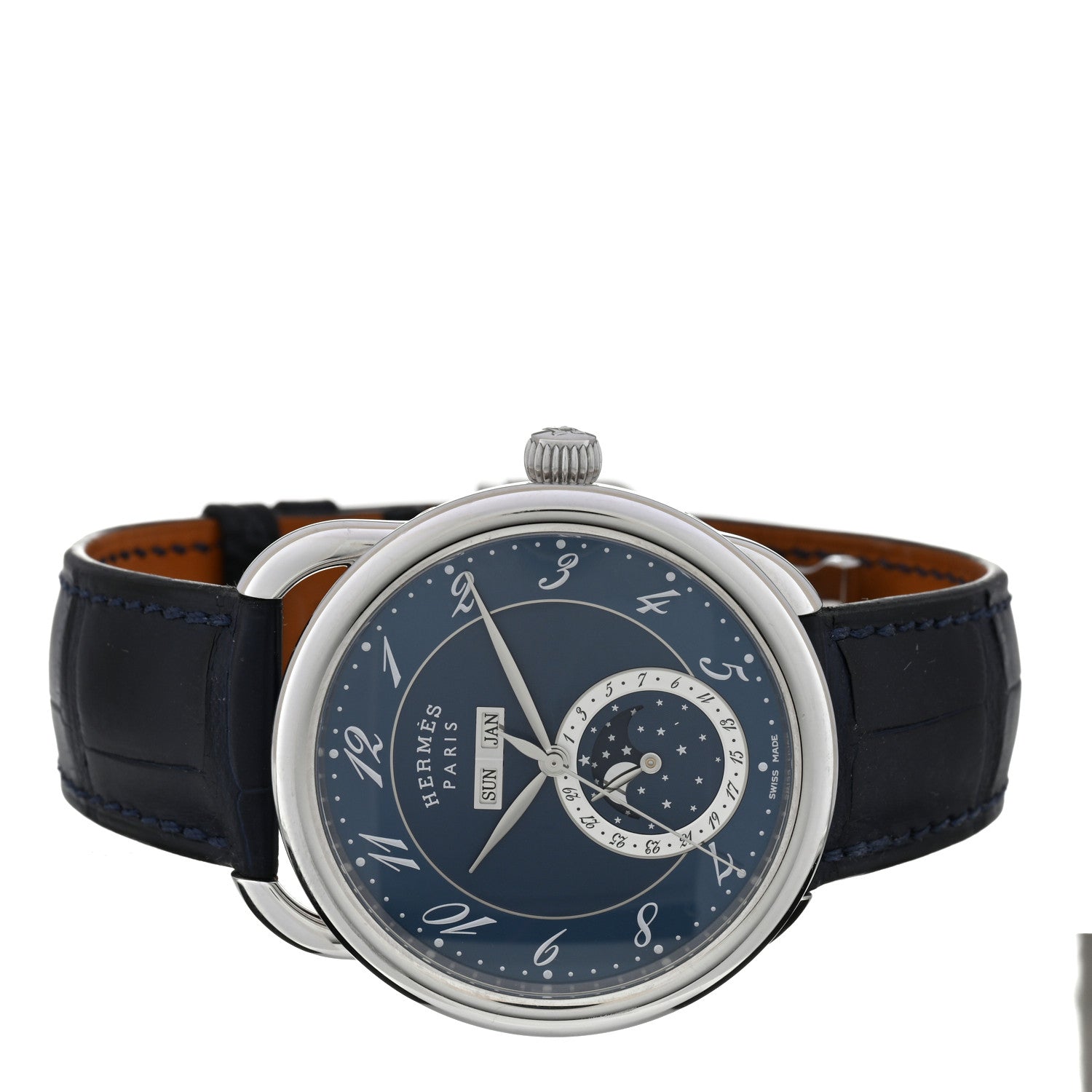 Stainless Steel Alligator 43mm Arceau Grande Lune Automatic Watch Bleu Abysse