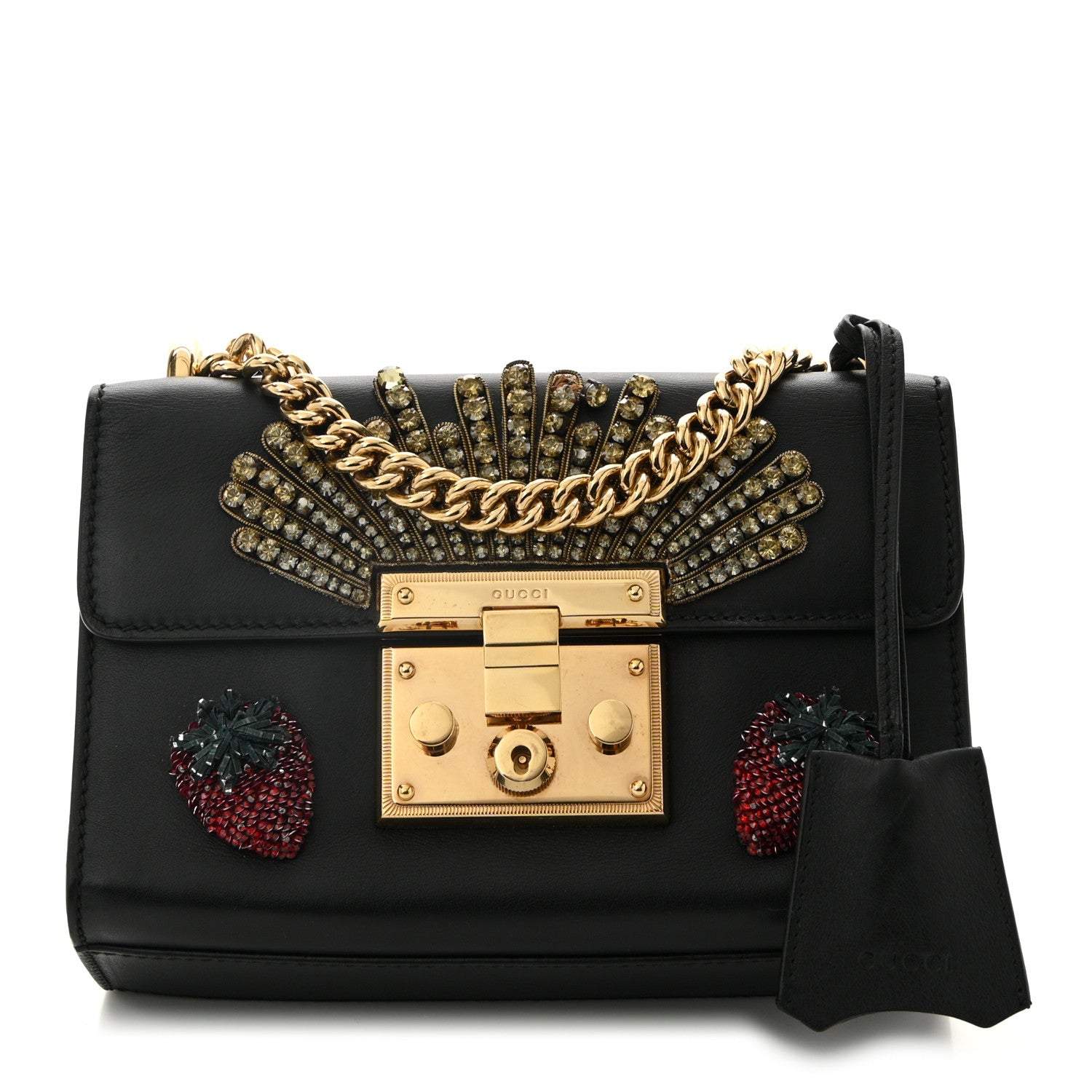 Calfskin Strawberry Embroidered Small Padlock Shoulder Bag Black