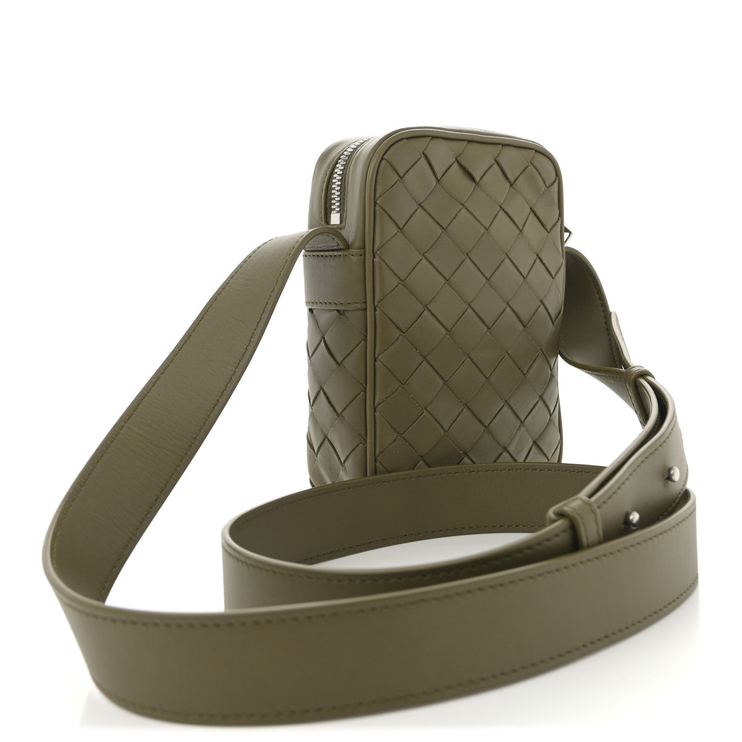 Calfskin Intrecciato Mini Cassette Phone Holder Crossbody Khaki