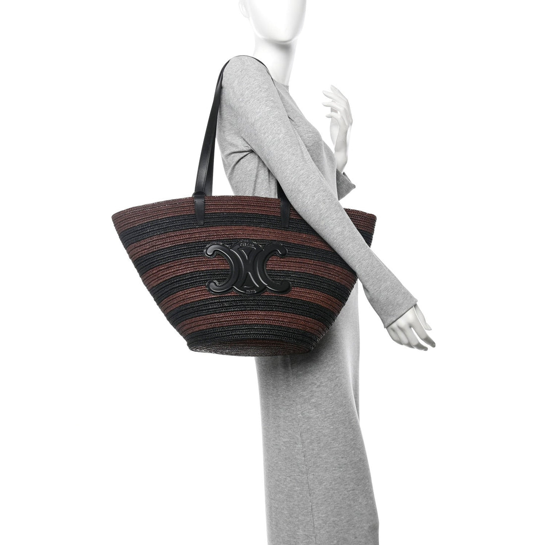 Raffia Striped Calfskin Triomphe Couffin Panier Black Brown