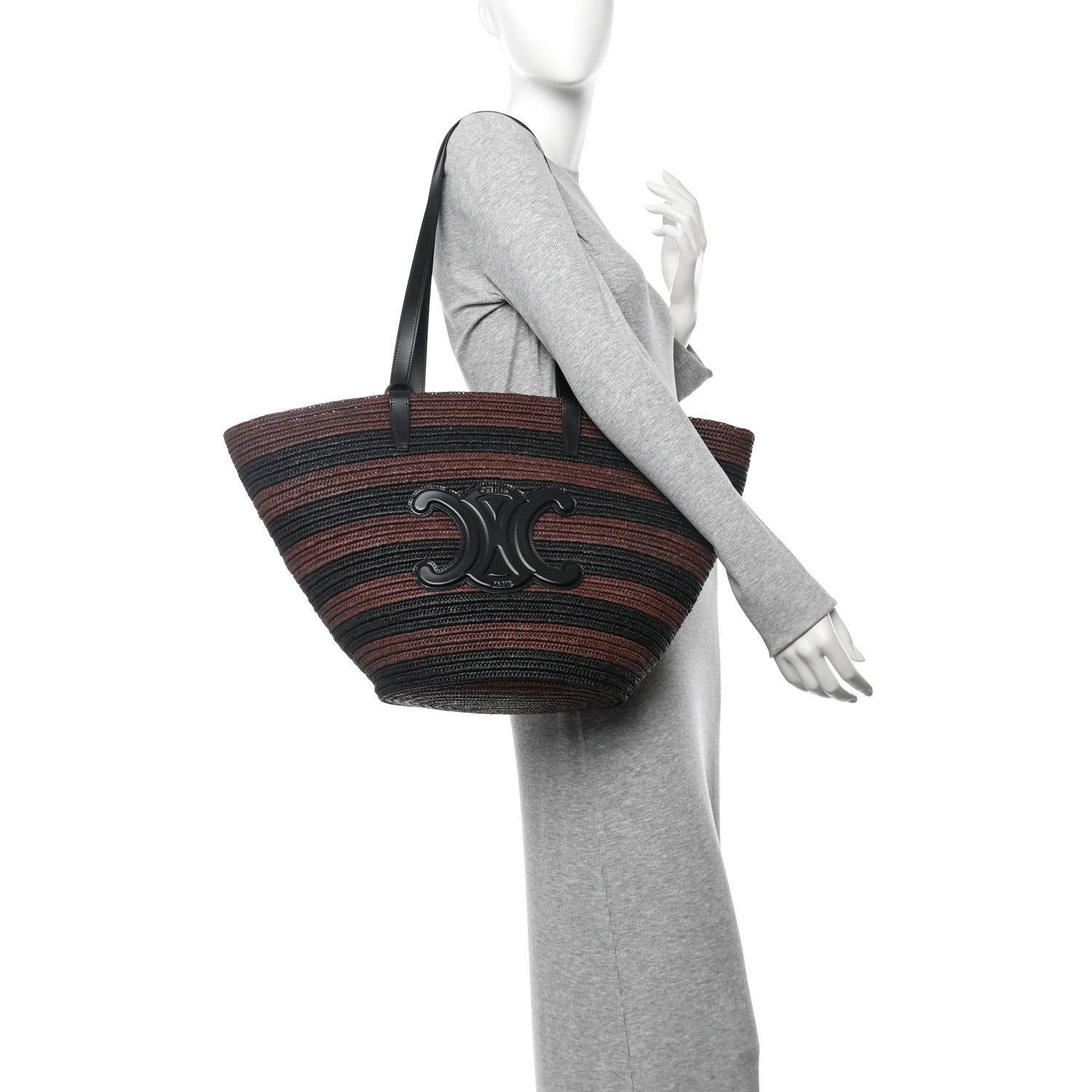 Raffia Striped Calfskin Triomphe Couffin Panier Black Brown