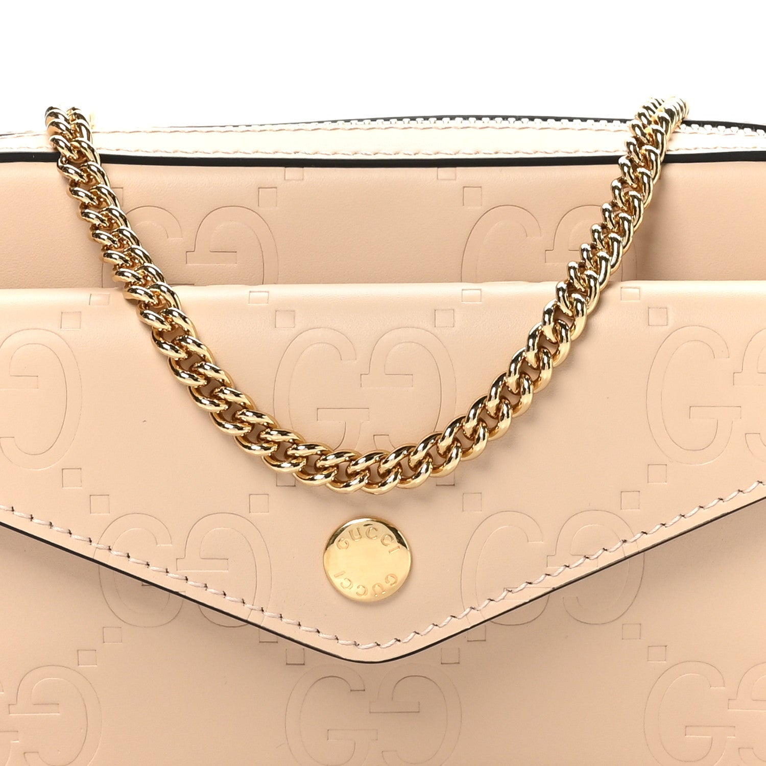 Calfskin GG Super Mini Debossed Chain Wallet Light Beige