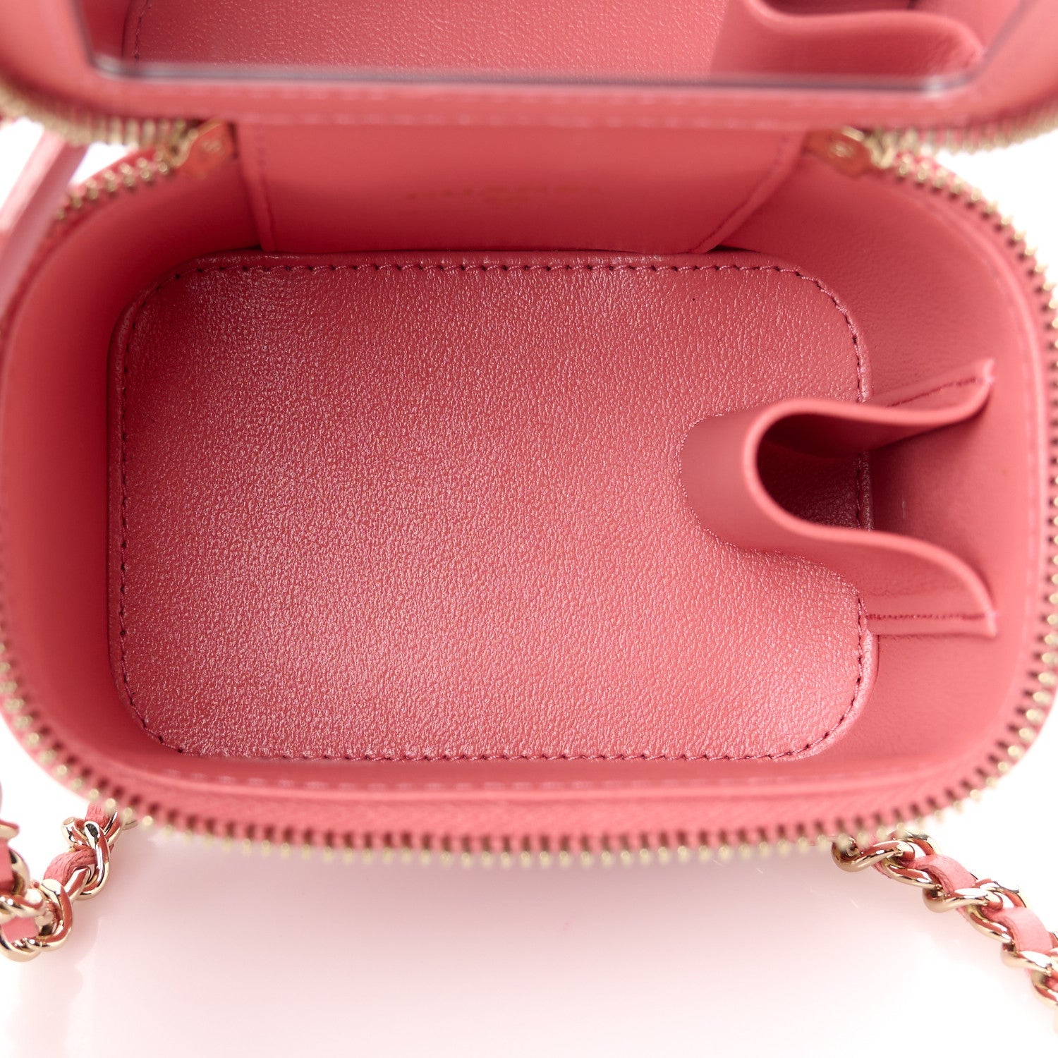 Lambskin Quilted Crystal Top Handle Mini Vanity Case With Chain Coral