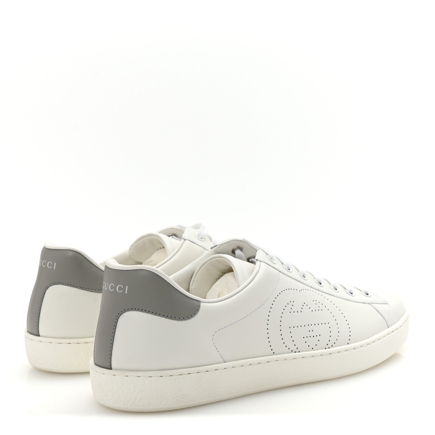 Calfskin Interlocking G Perforated Mens Ace Sneakers 12 White Grey Sky