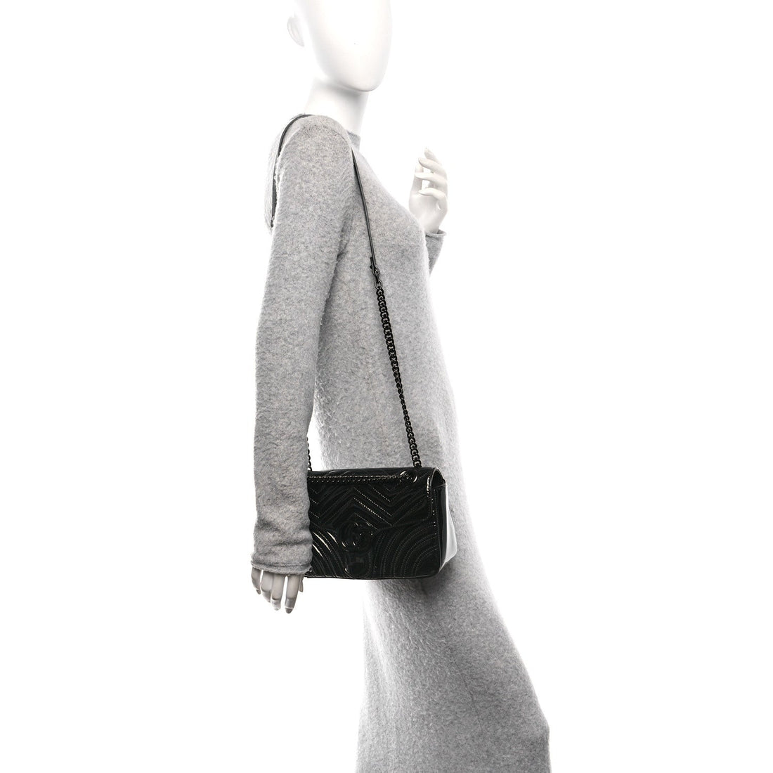Patent Calfskin Matelasse Monochrome Small GG Marmont Shoulder Bag Black