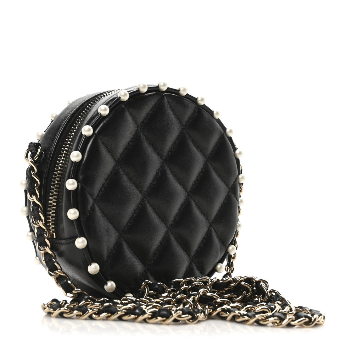 Calfskin Quilted Pearl Round Clutch With Chain Black