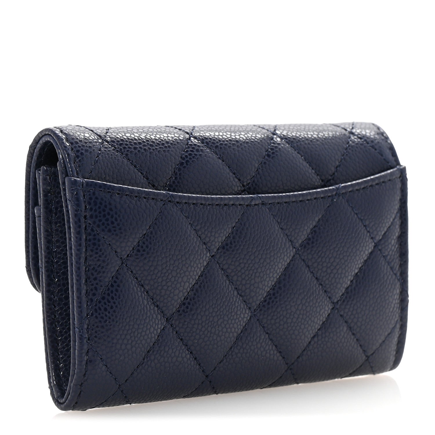 Caviar Quilted Flap Card Holder Wallet Navy Blue