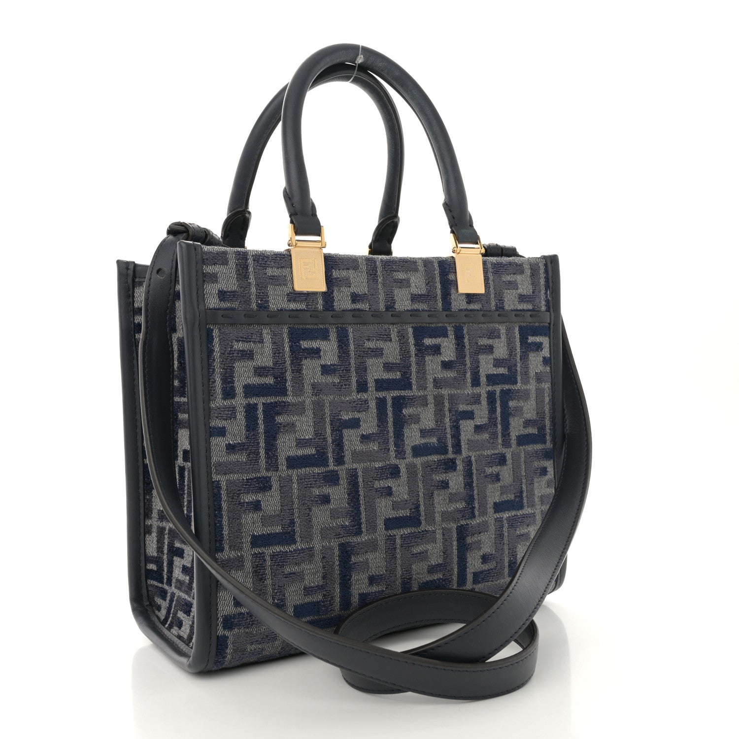 Chenille Vitello Grace FF Embroidered Small Fendi Sunshine Shopper Tote Dark Blue Grey