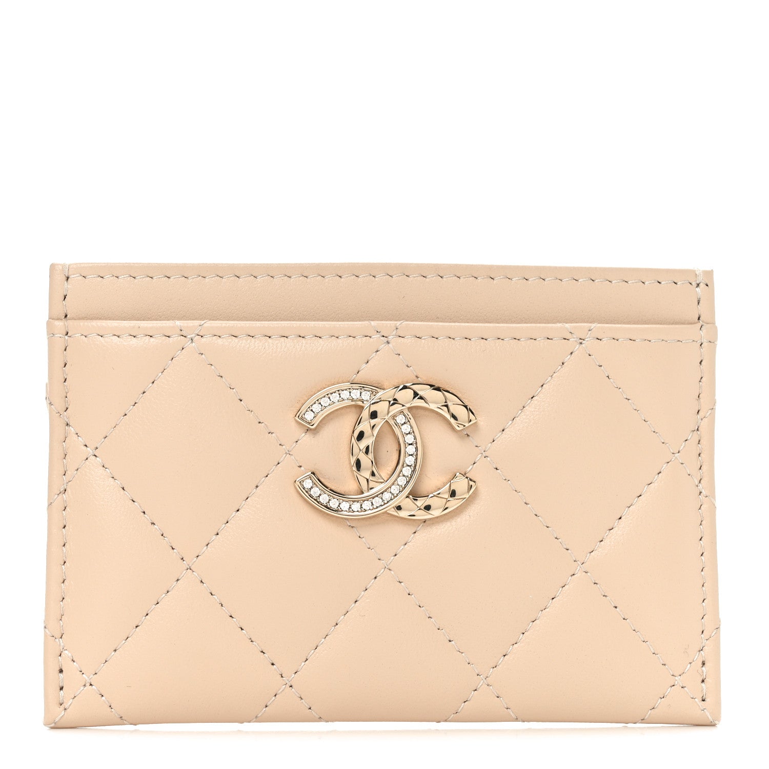 Lambskin Quilted Crystal CC Card Holder Beige