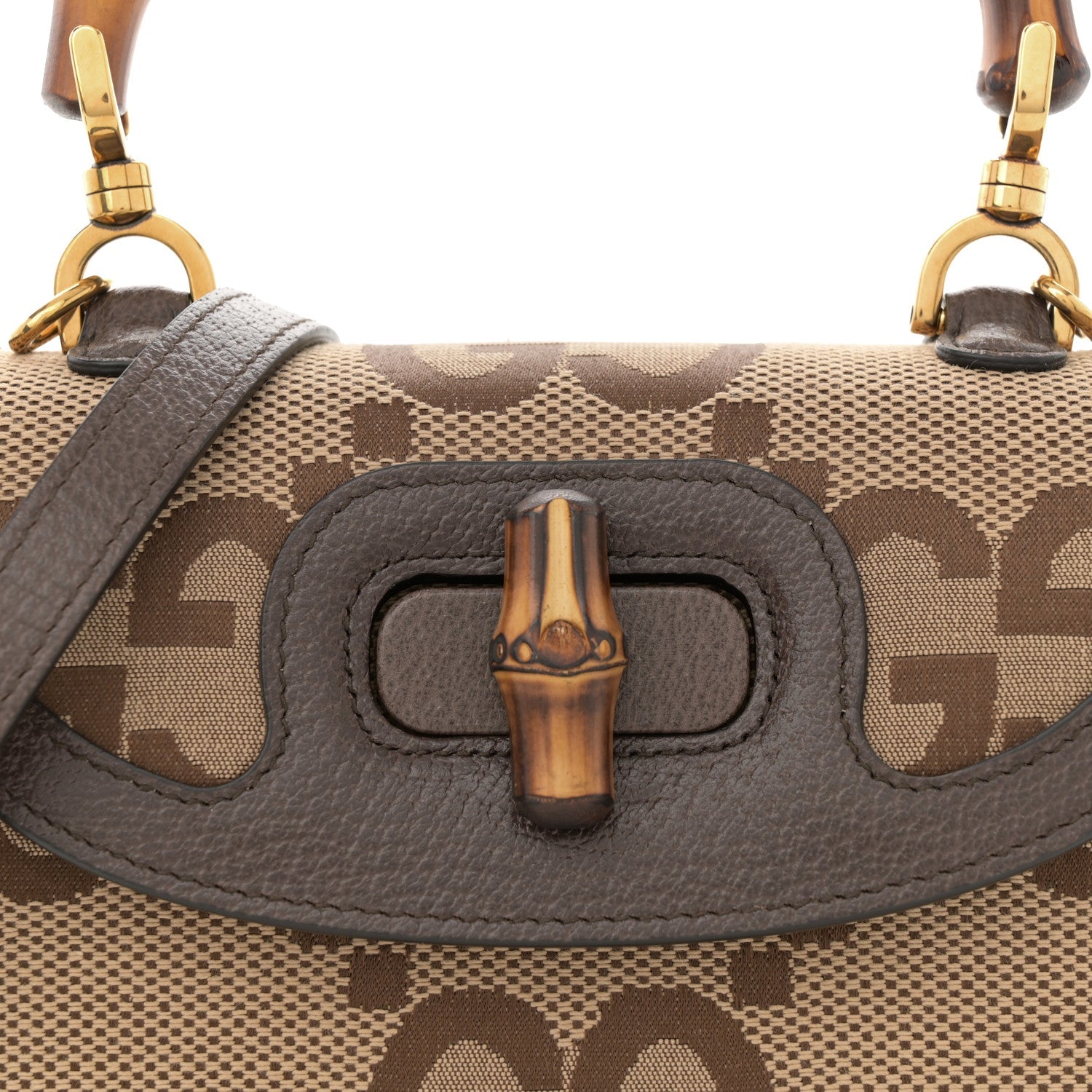 Monogram Jumbo GG Textured Dollar Calfskin Web Small Bamboo 1947 Top Handle Bag Camel Ebony New Acero