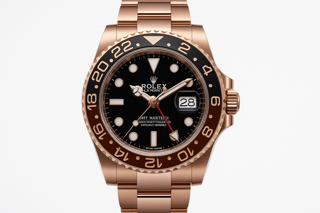 Generate a photorealistic image of a rose gold Rolex GMT-Master II watch with a black dial and a two-tone Cerachrom bezel in black and brown. The watch should be centered and sharply focused against a plain white background, showcasing the details of the bracelet, case, and dial, including the Rolex logo, text, date window at the 3 o'clock position, and the GMT hand. The lighting should be even to highlight the metallic sheen of the rose gold.