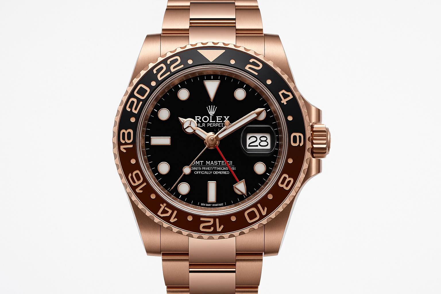 Generate a photorealistic image of a rose gold Rolex GMT-Master II watch with a black dial and a two-tone Cerachrom bezel in black and brown. The watch should be centered and sharply focused against a plain white background, showcasing the details of the bracelet, case, and dial, including the Rolex logo, text, date window at the 3 o'clock position, and the GMT hand. The lighting should be even to highlight the metallic sheen of the rose gold.
