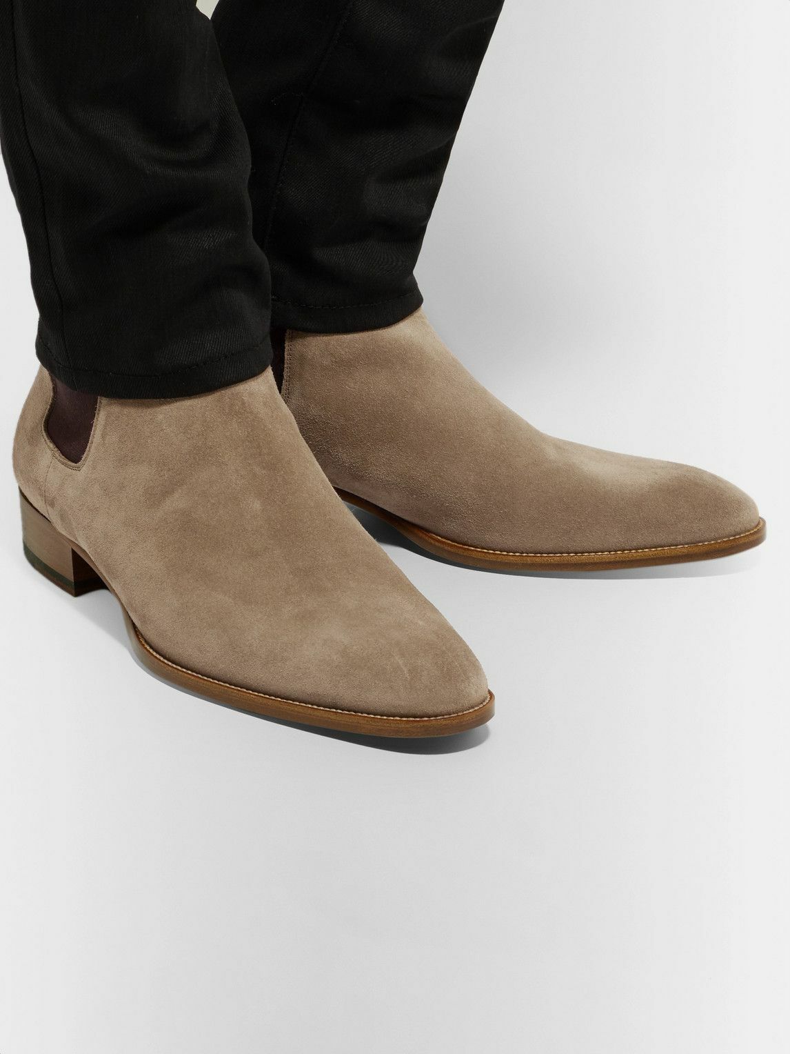 Saint Laurent Wyatt Suede Chelsea Boots Beige Brown