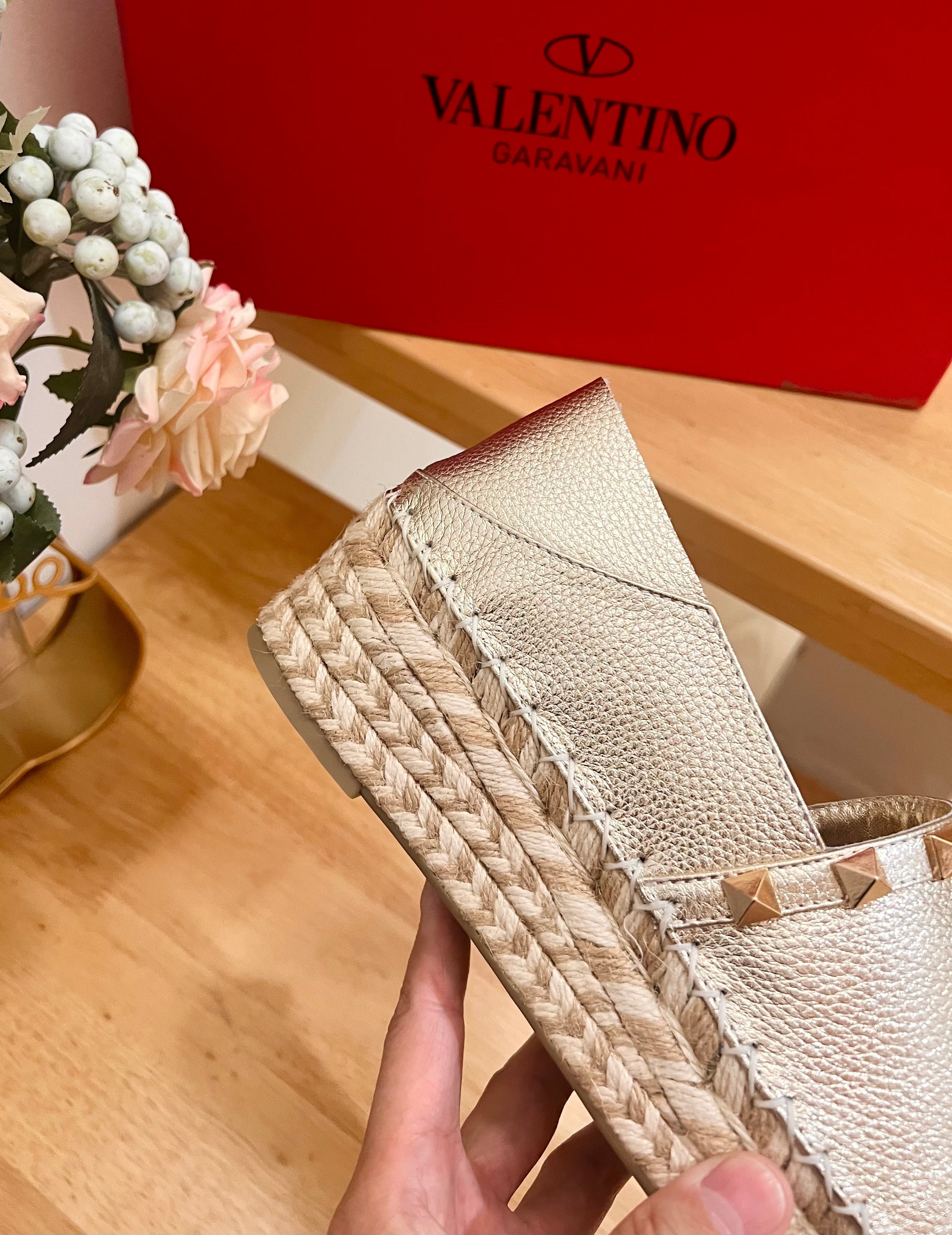 Valentino Rockstud Embellished Slip On Espadrille Silver Cowhide 240571