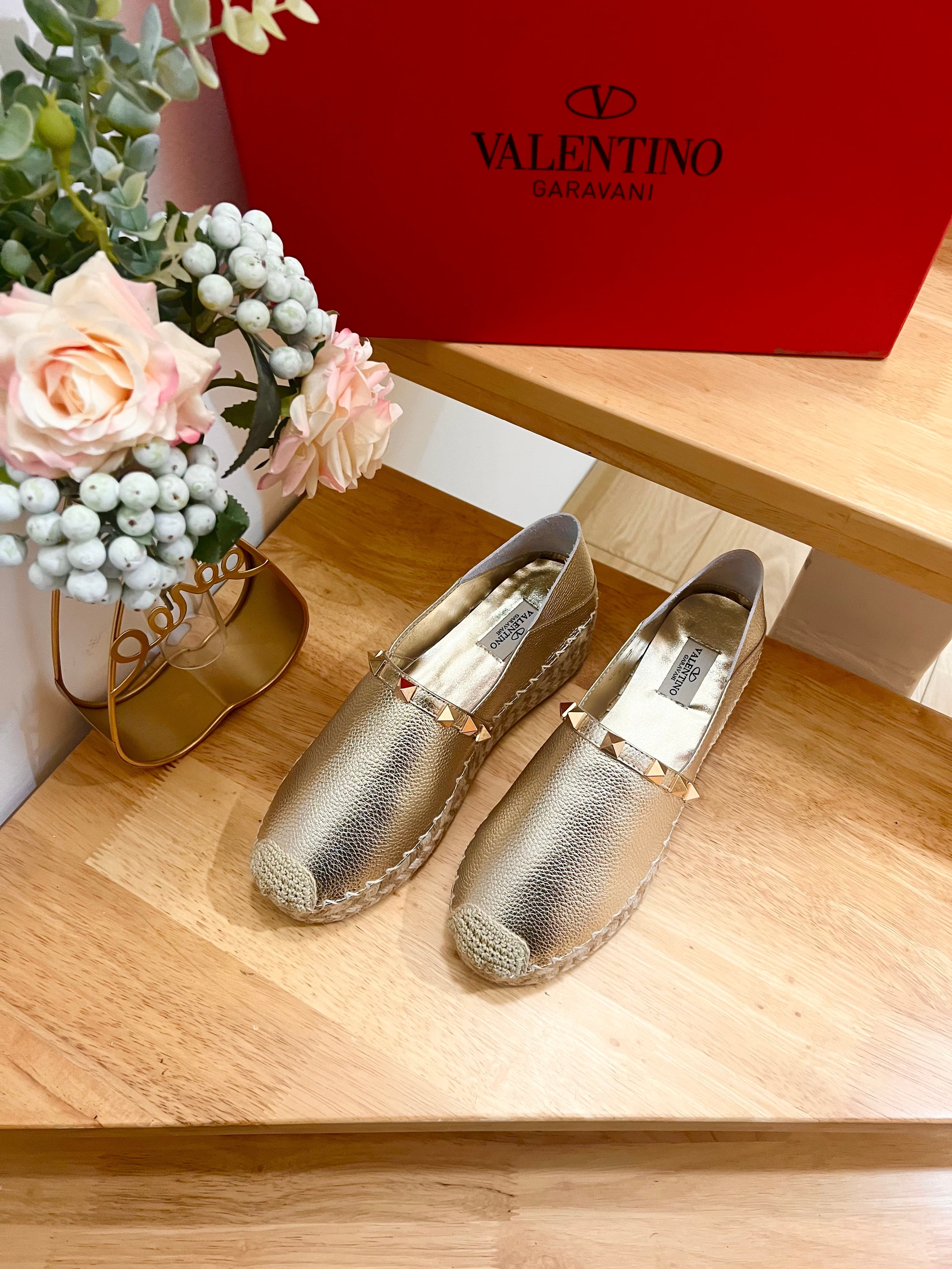 Valentino Rockstud Embellished Slip On Espadrille Silver Cowhide 240571