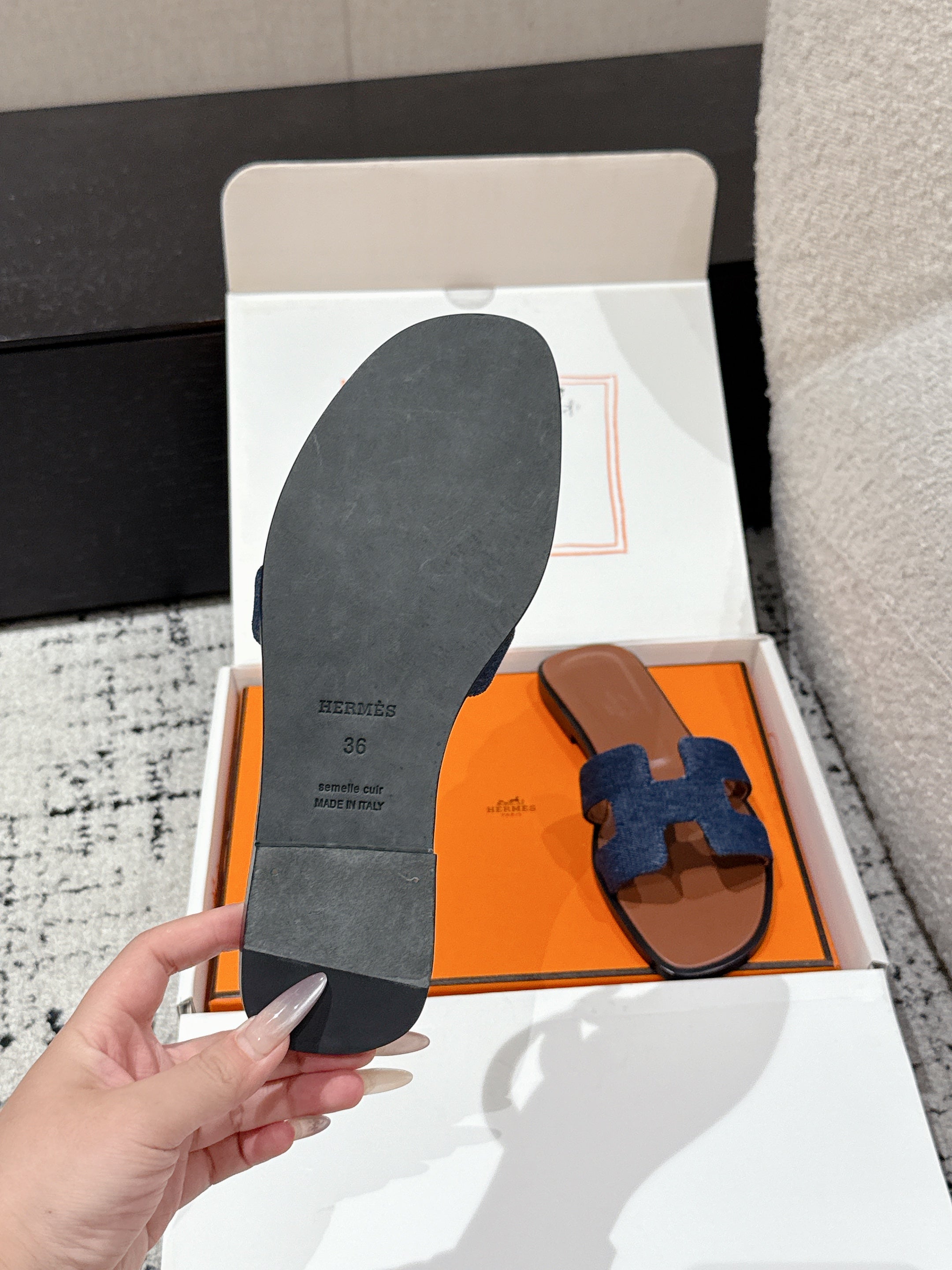 HM 25 Oran Sandal Brown Calfskin Dark Blue Denim