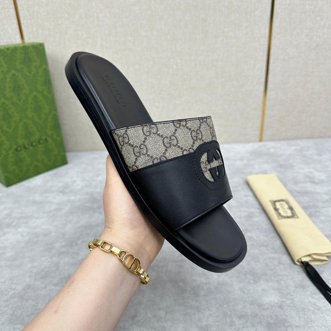 GG Men's Slide Black Brown Canvas Cowhide 542946