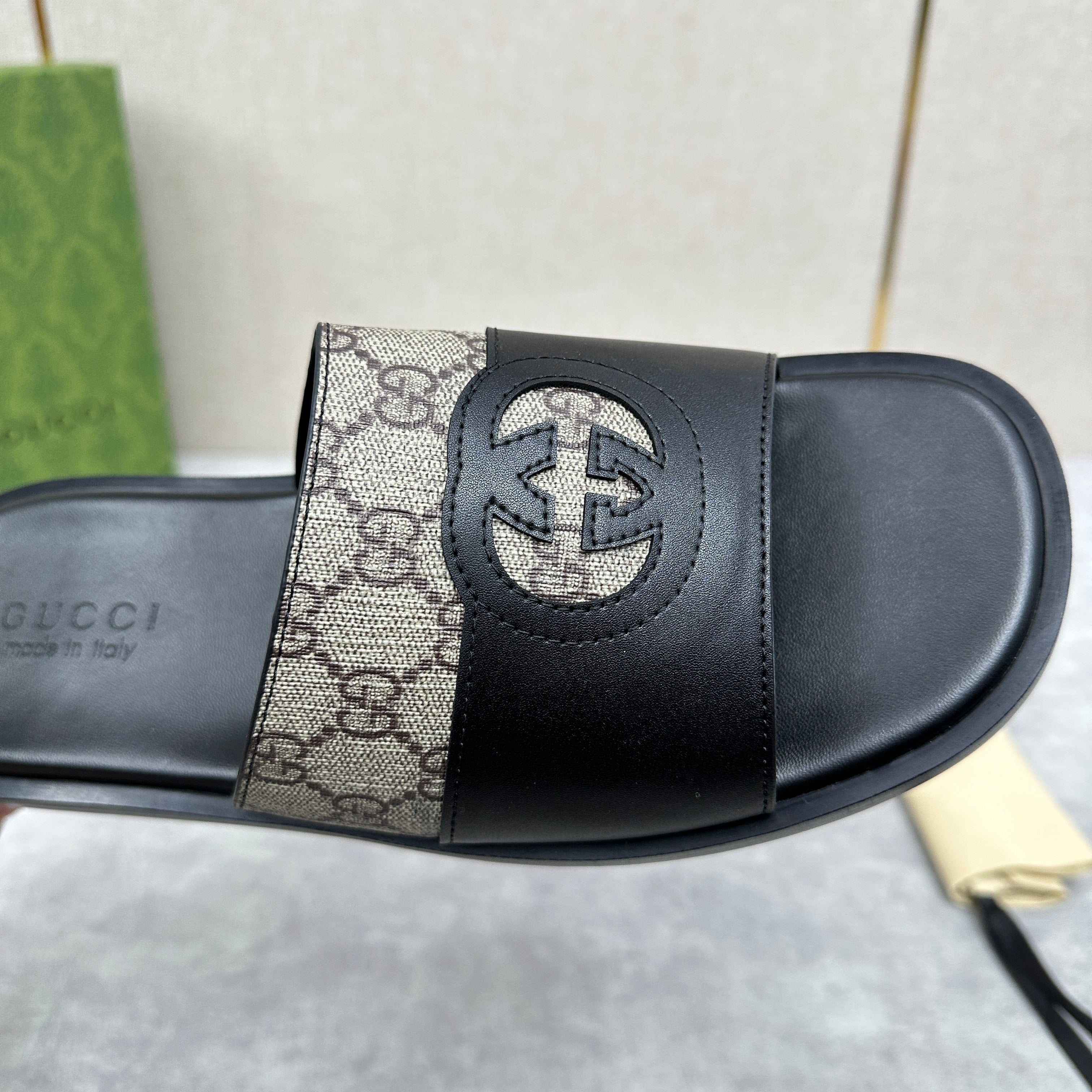 GG Men's Slide Black Brown Canvas Cowhide 542946