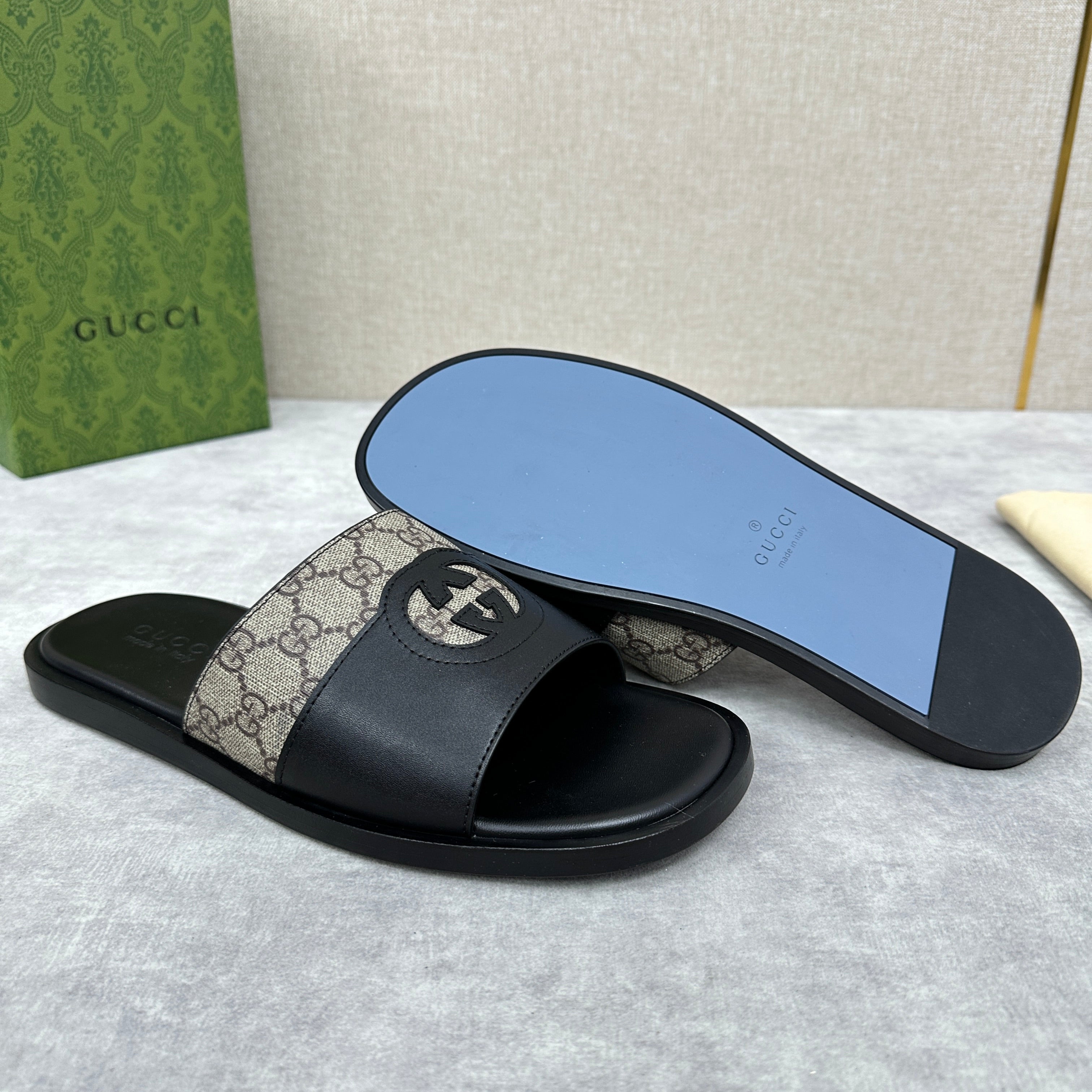 GG Men's Slide Black Brown Canvas Cowhide 542946