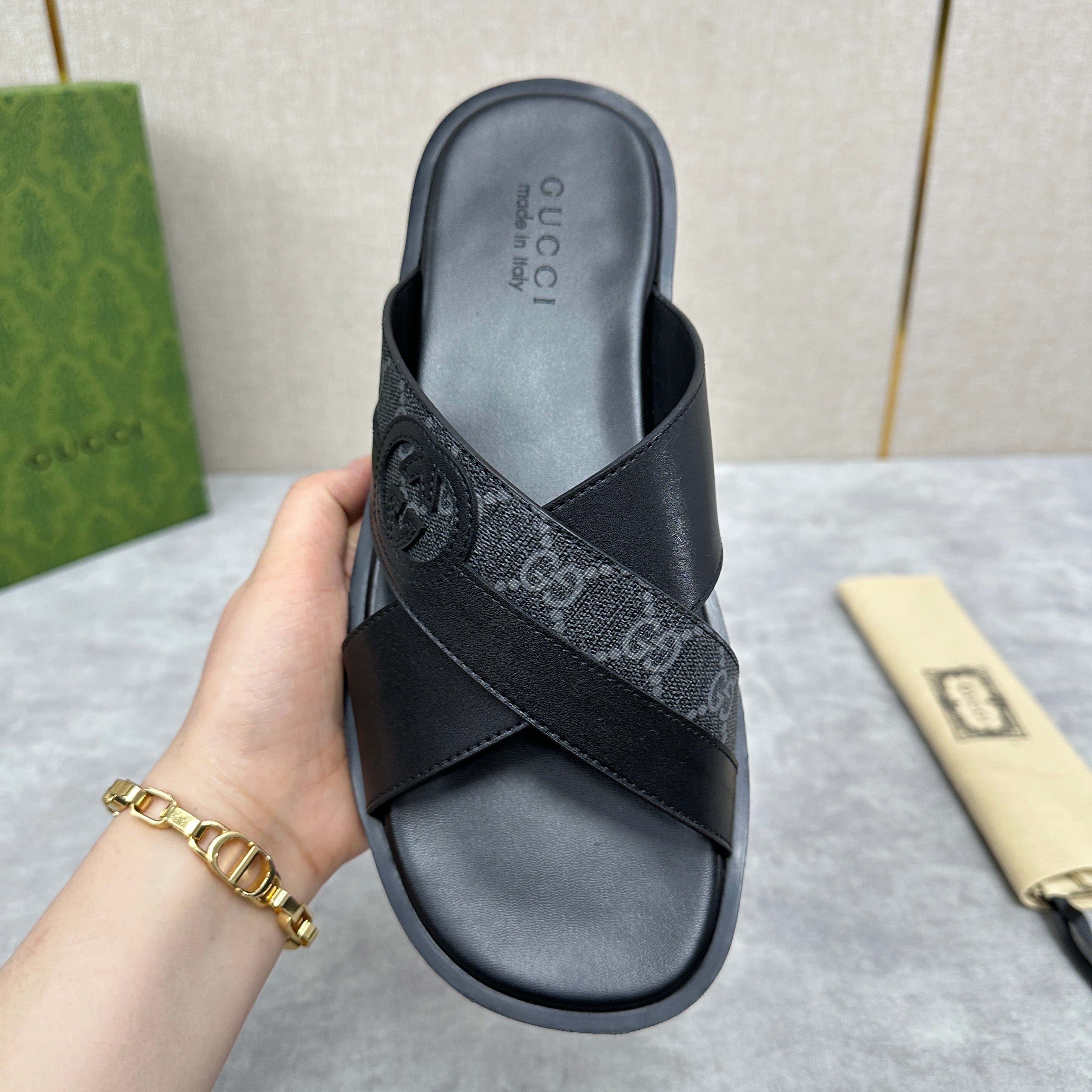 GG Men's Slide Black Canvas Cowhide 542949