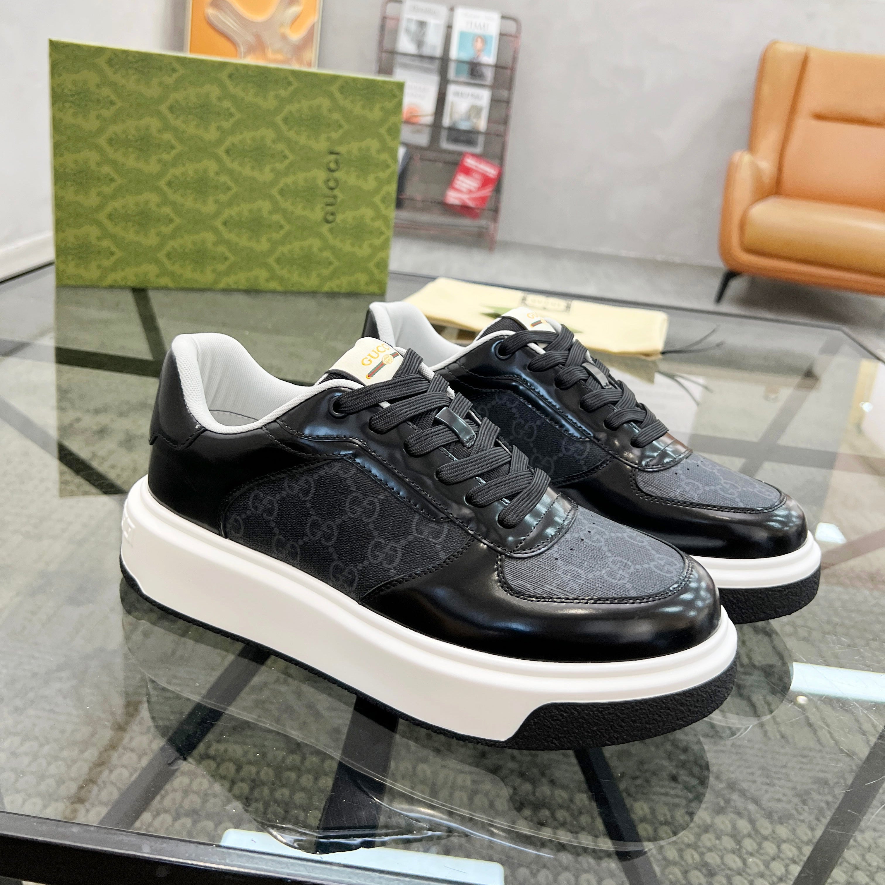 GG Men's Platform Sneaker Black Patent Leather 523472