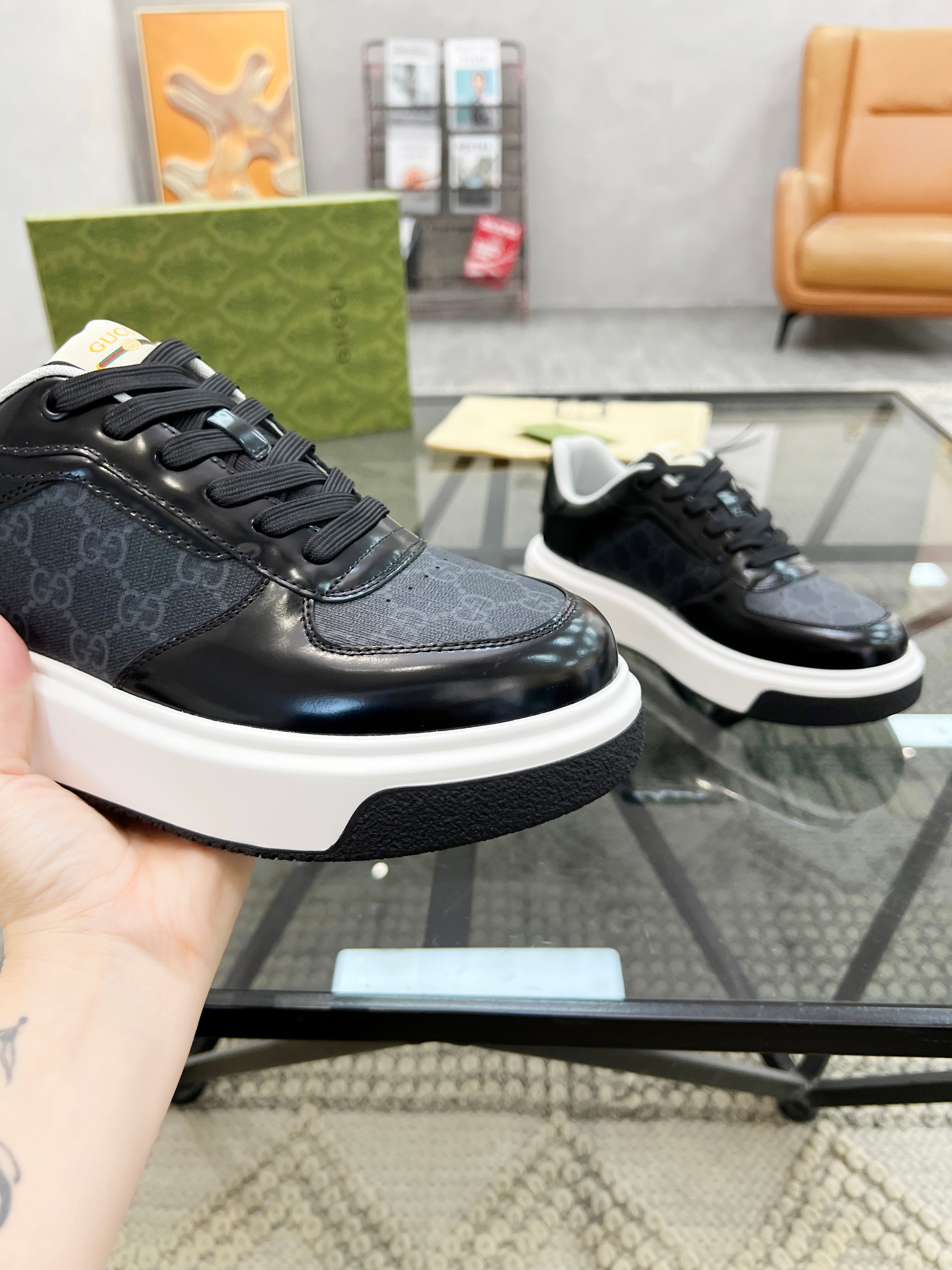 GG Men's Platform Sneaker Black Patent Leather 523472