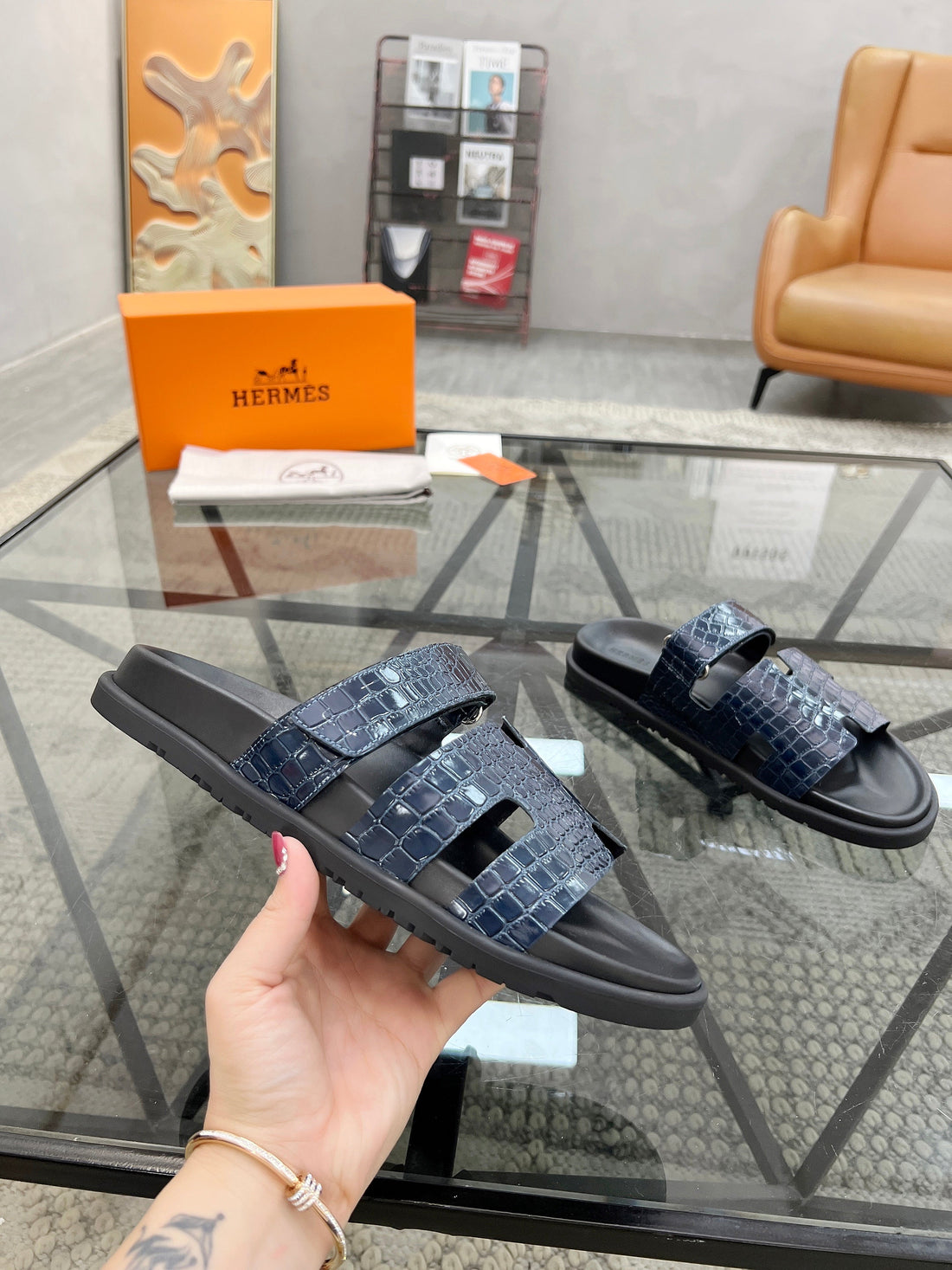 HM Men's Chypre Slide Navy Blue Cowhide 544583