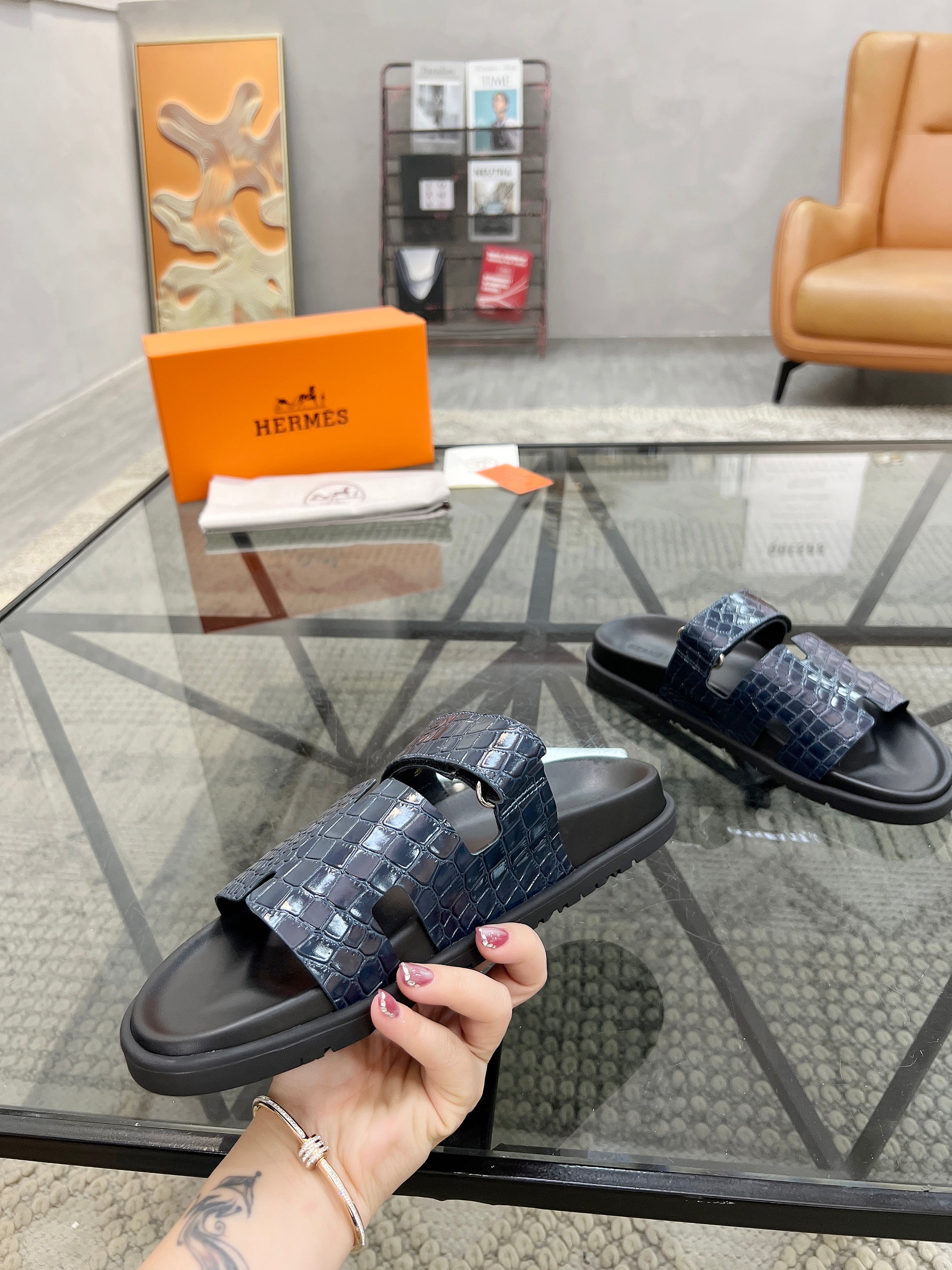 HM Men's Chypre Slide Navy Blue Cowhide 544583