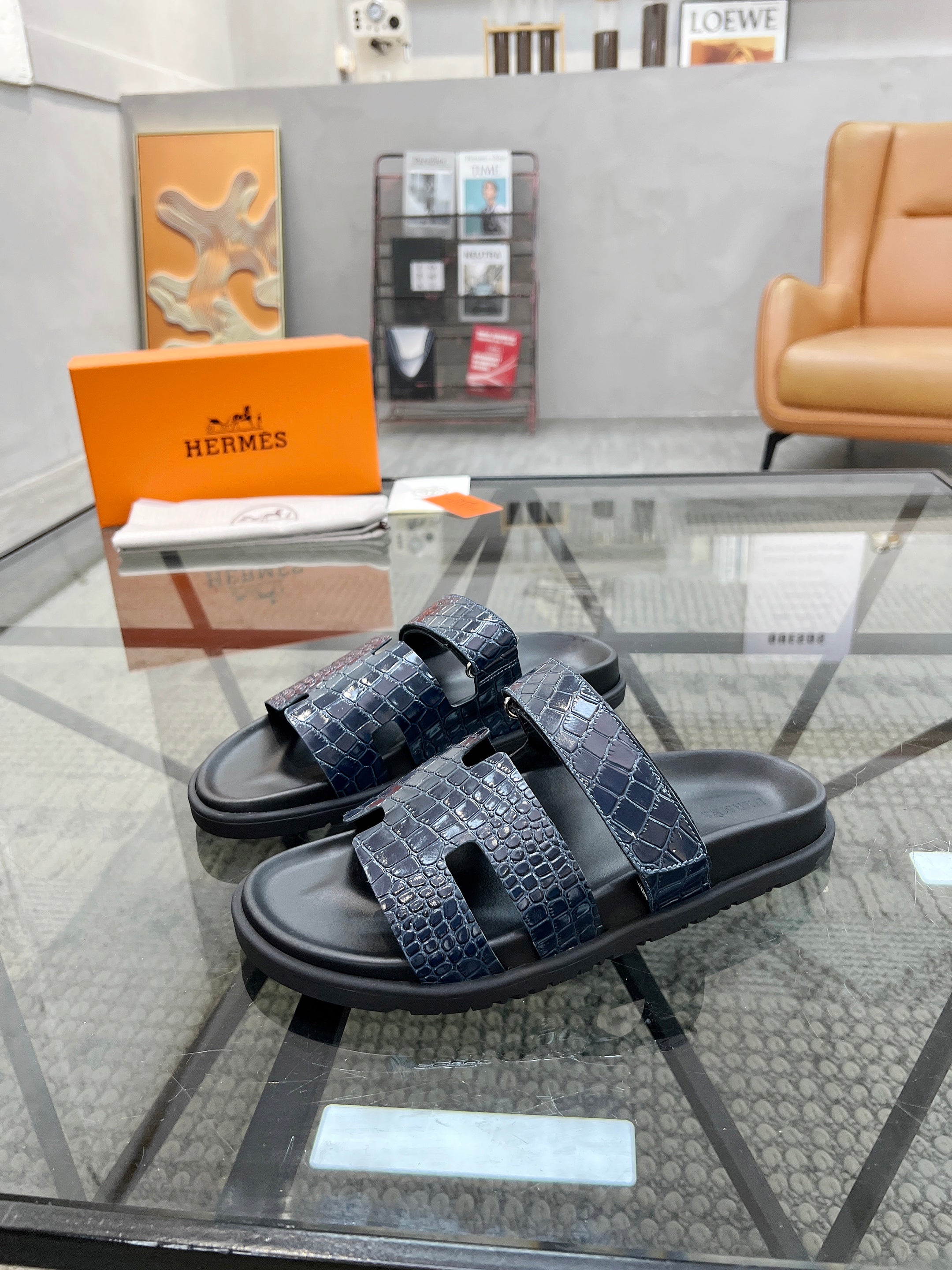 HM Men's Chypre Slide Navy Blue Cowhide 544583