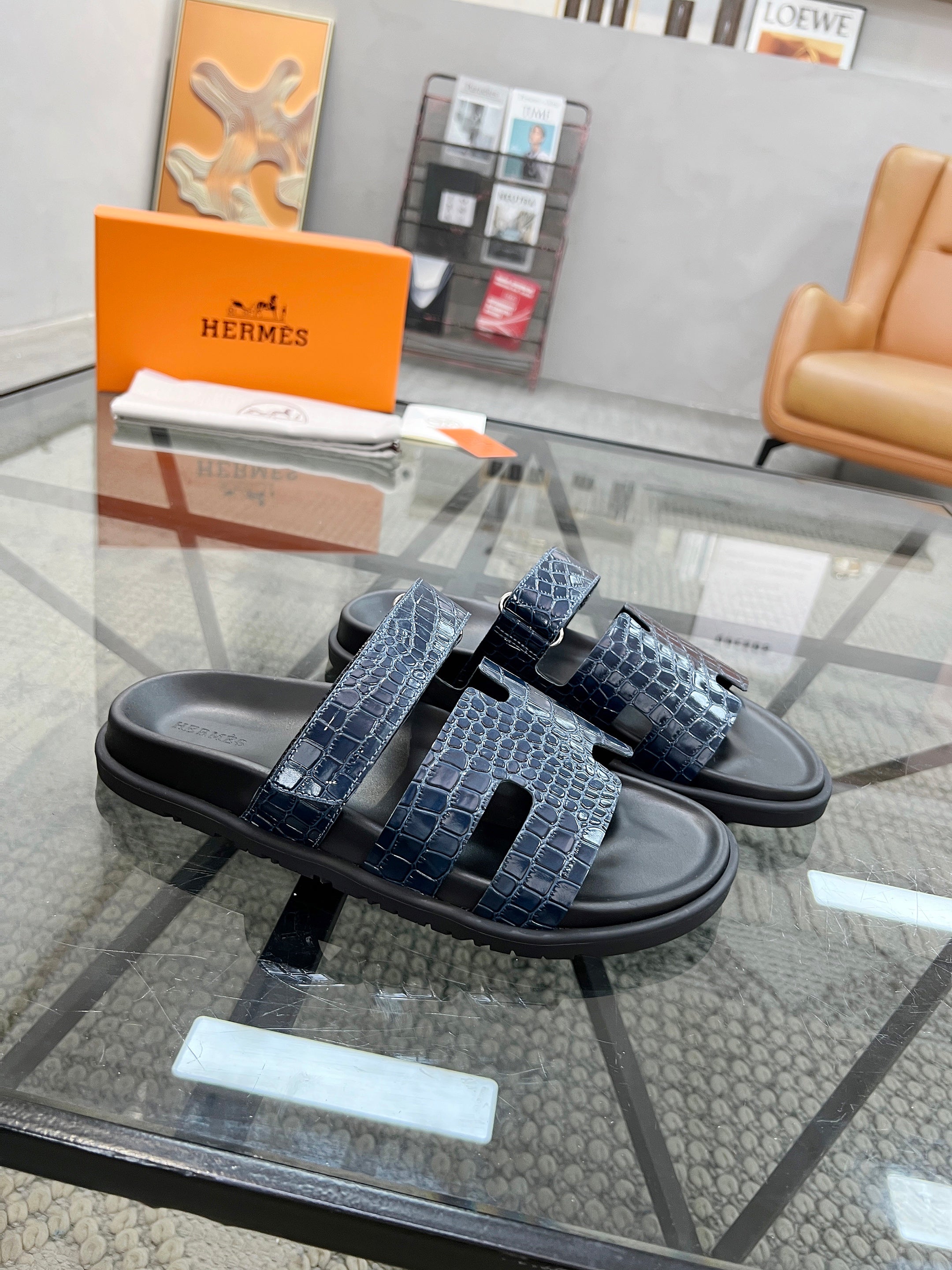 HM Men's Chypre Slide Navy Blue Cowhide 544583