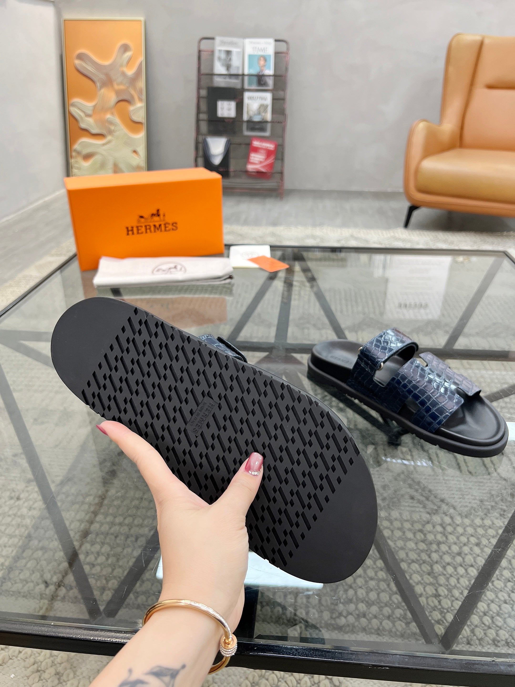 HM Men's Chypre Slide Navy Blue Cowhide 544583