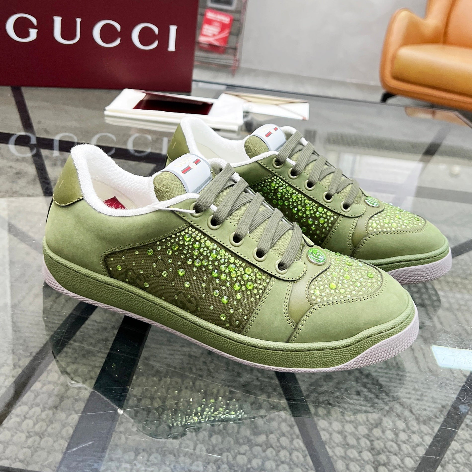 GG Men's Screener Sneaker Green Diamond Cowhide 559029