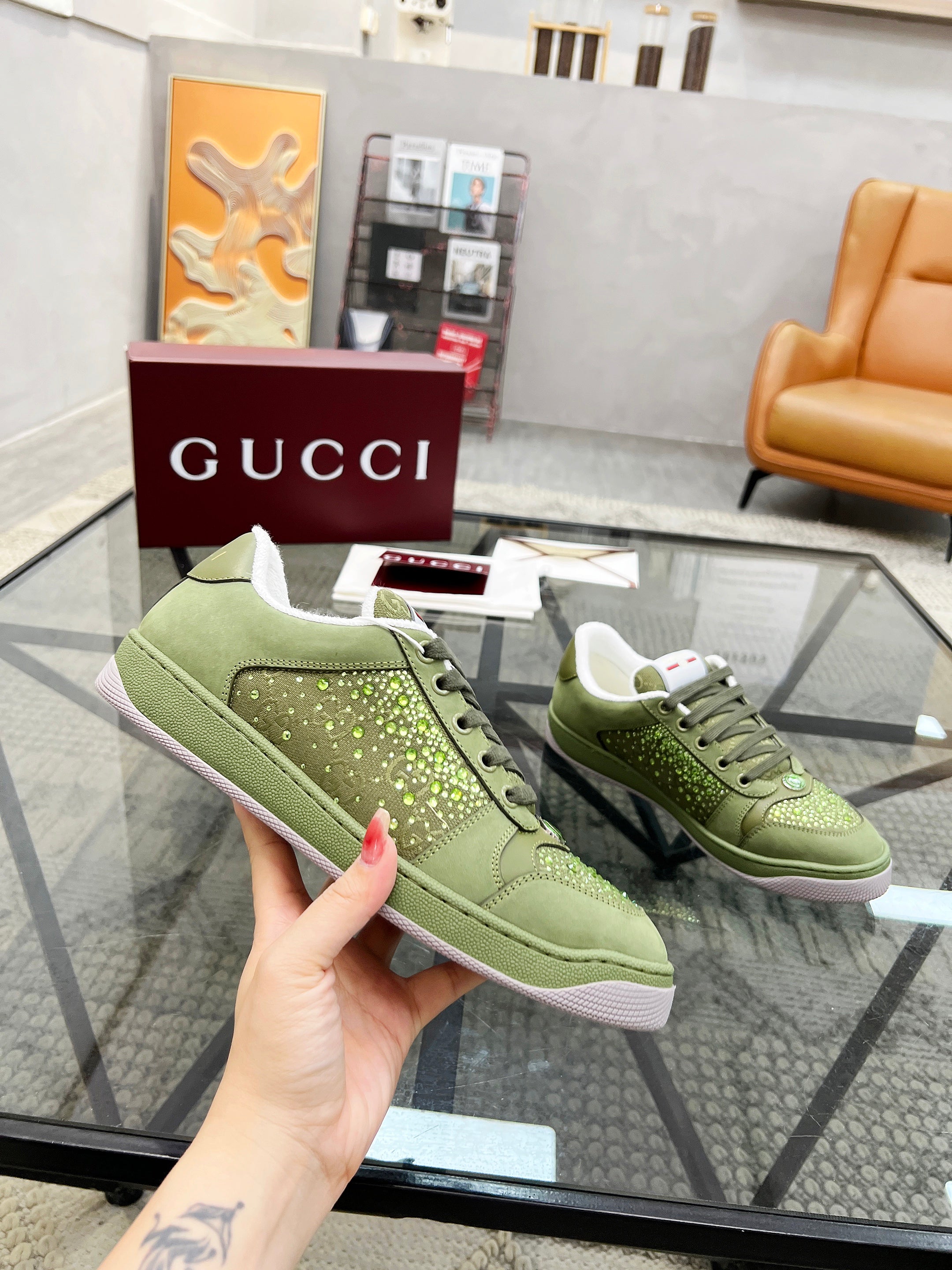 GG Men's Screener Sneaker Green Diamond Cowhide 559029