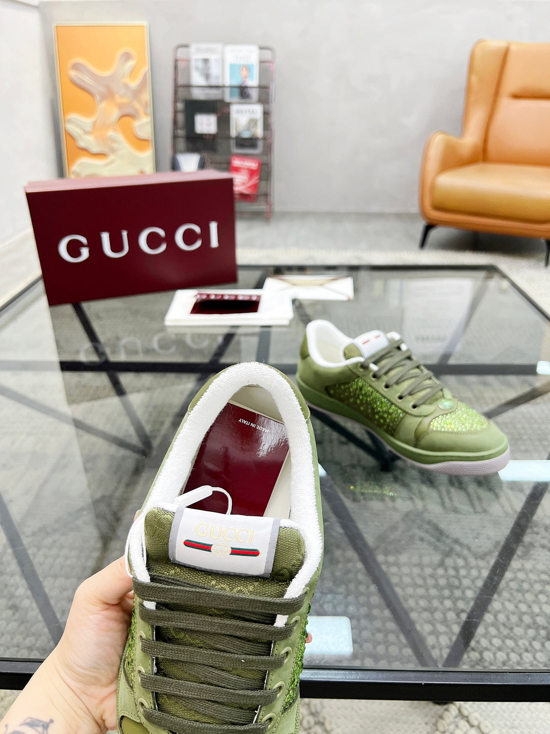 GG Men's Screener Sneaker Green Diamond Cowhide 559029