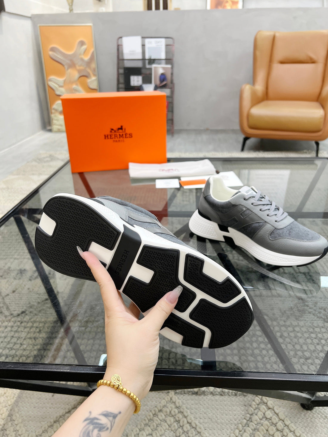 HM Men's Sneaker Grey Cowhide Fabric 603854