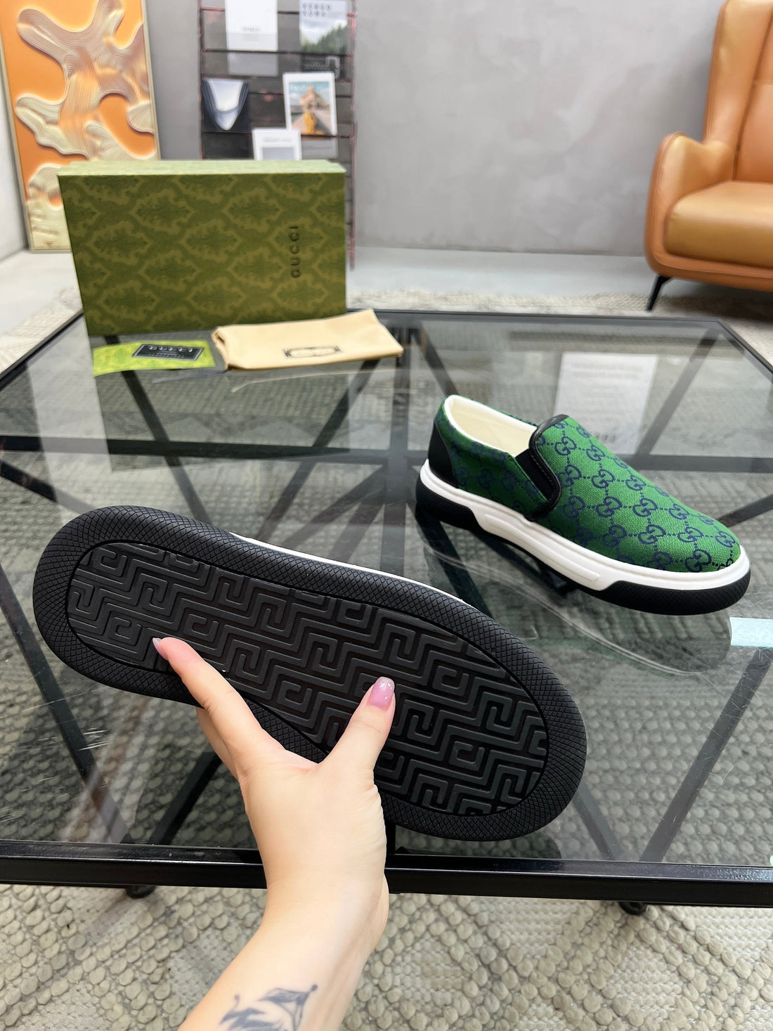 GG Men's Slip on Loafer Green Printed Fabric 721522