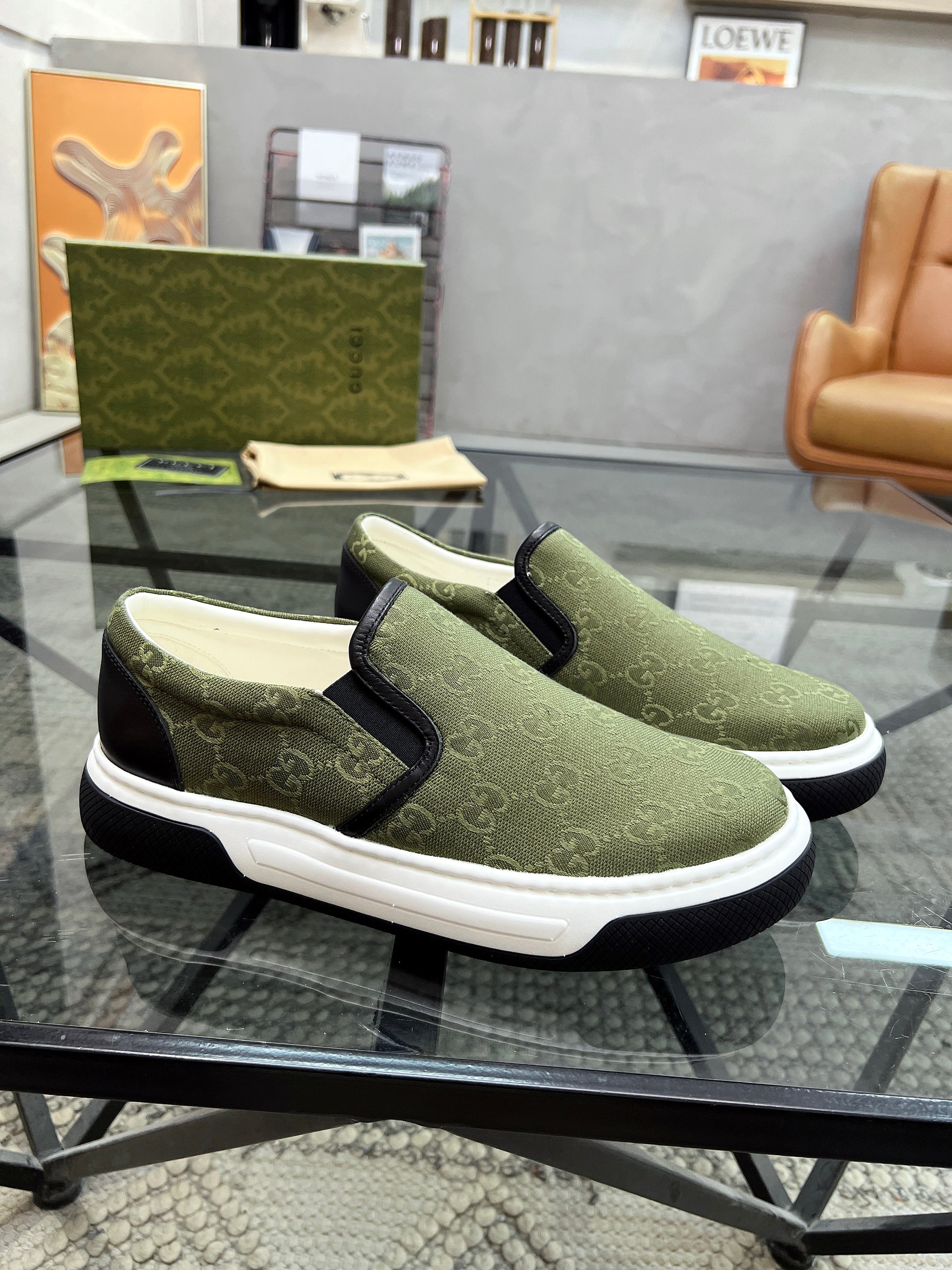GG Men's Slip on Loafer Olive Green Printed Fabric 721525
