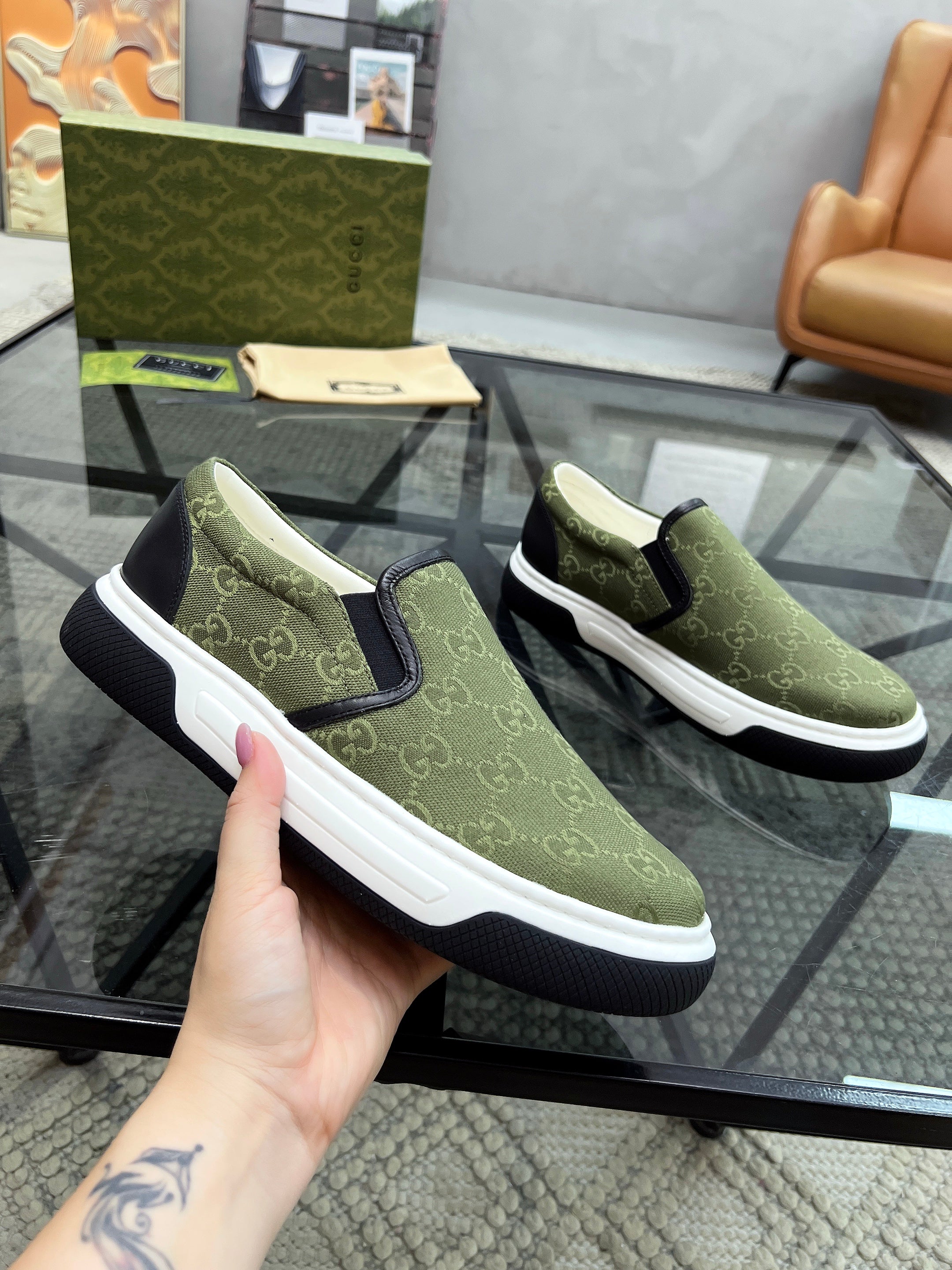 GG Men's Slip on Loafer Olive Green Printed Fabric 721525