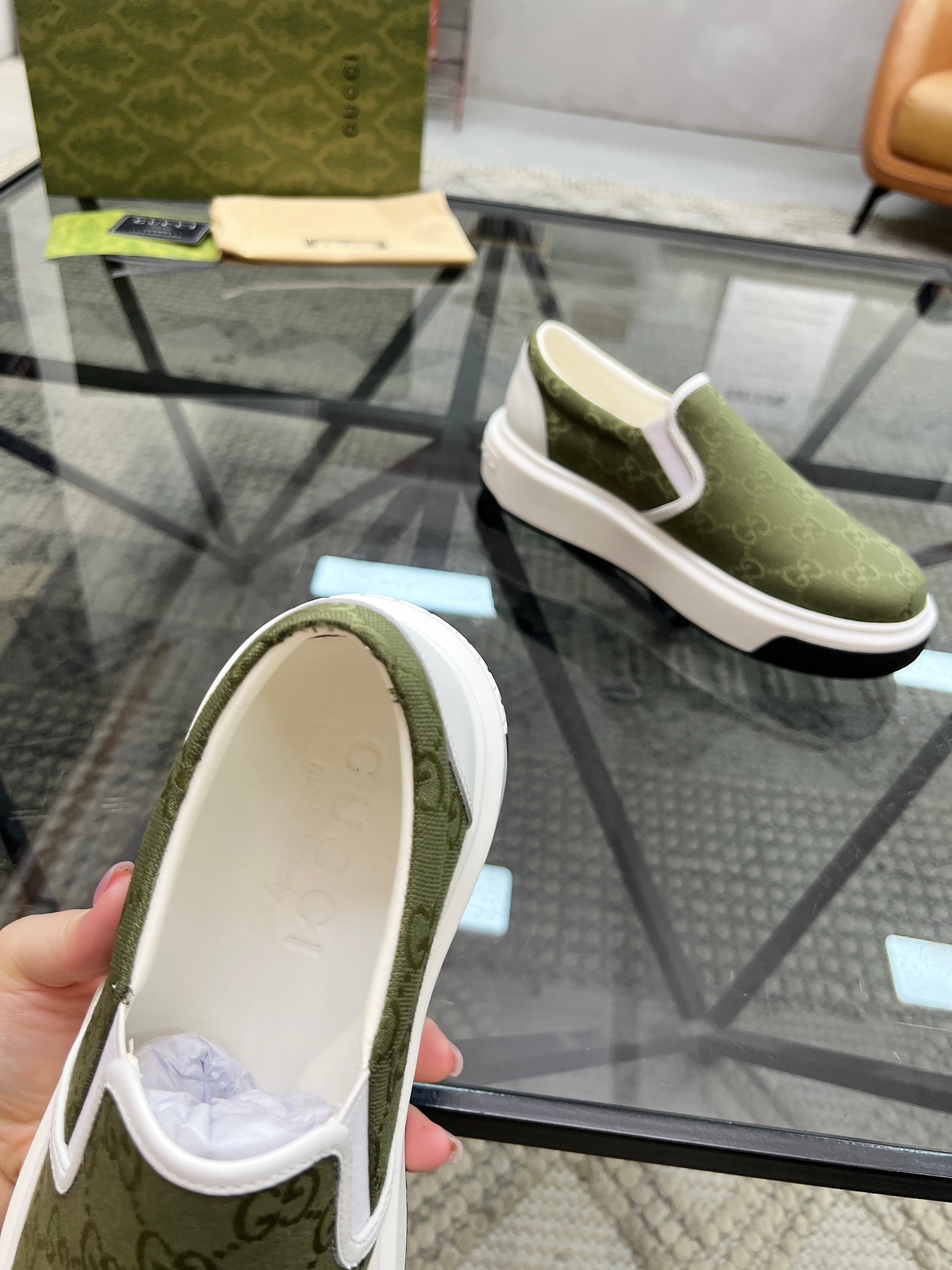 GG Men's Slip on Loafer Olive Green Printed Fabric 721525