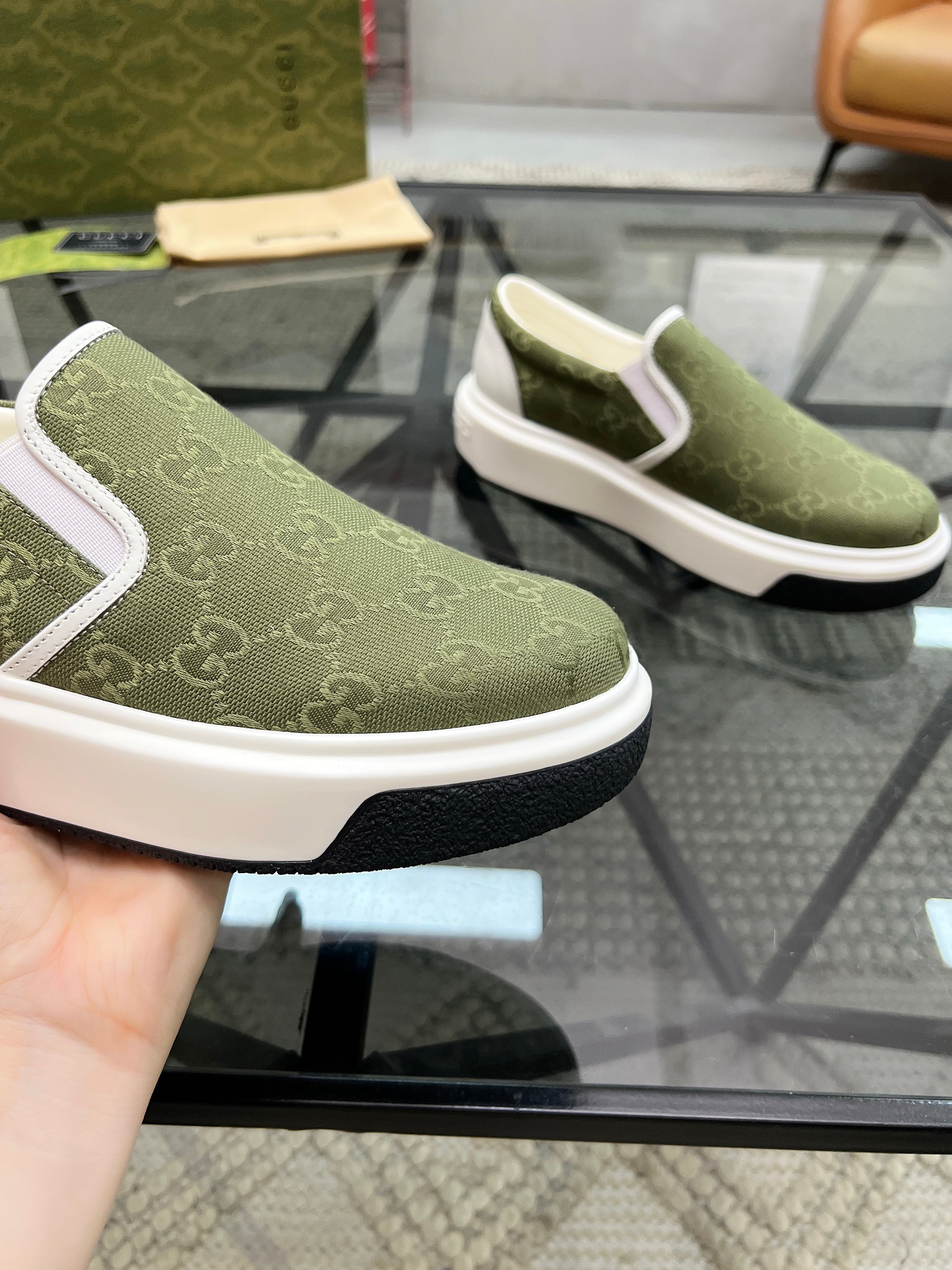 GG Men's Slip on Loafer Olive Green Printed Fabric 721525