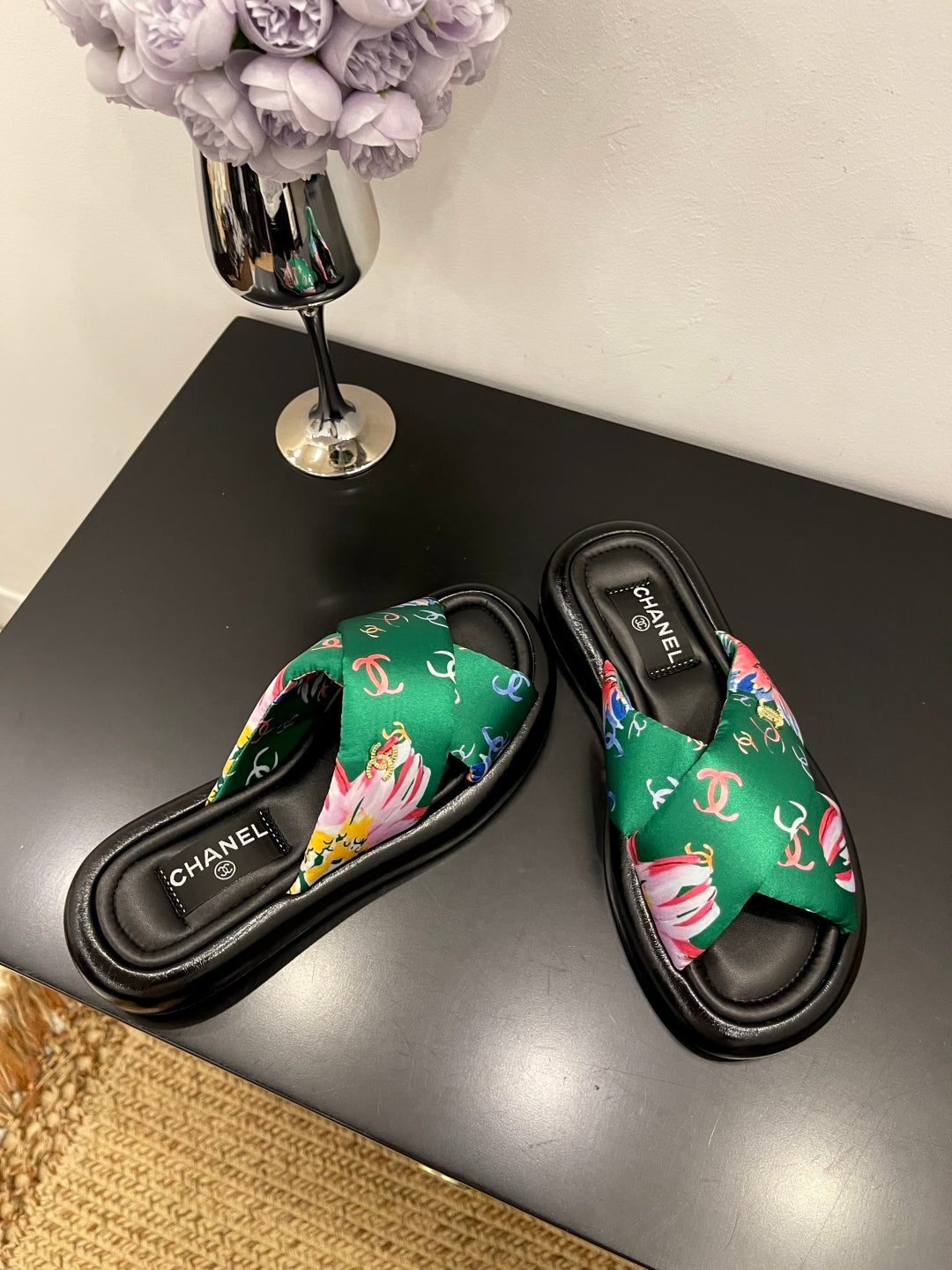 CC 25 Platform Slide Green Cloth Sheepskin 334743